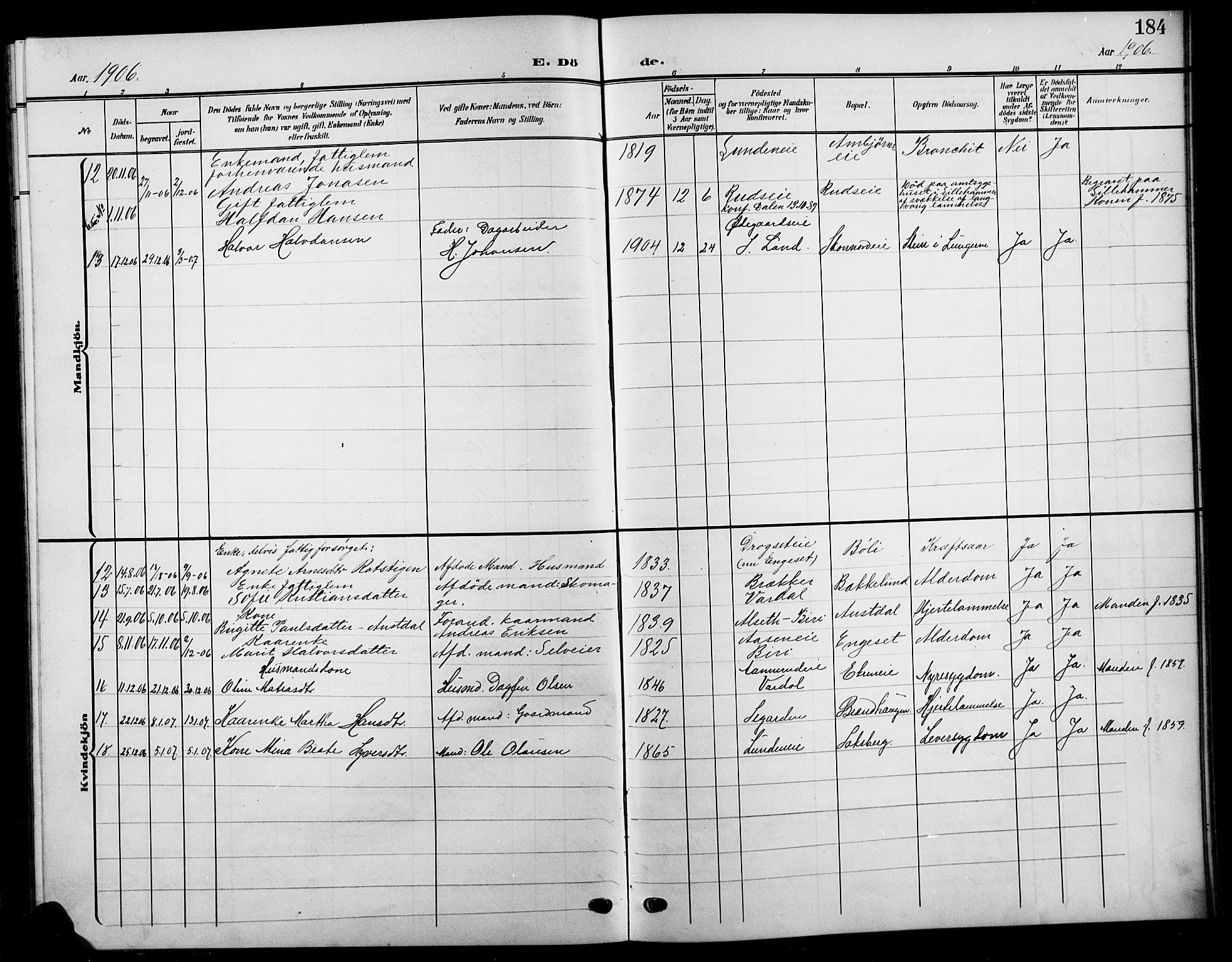 Biri prestekontor, SAH/PREST-096/H/Ha/Hab/L0005: Parish register (copy) no. 5, 1906-1919, p. 184