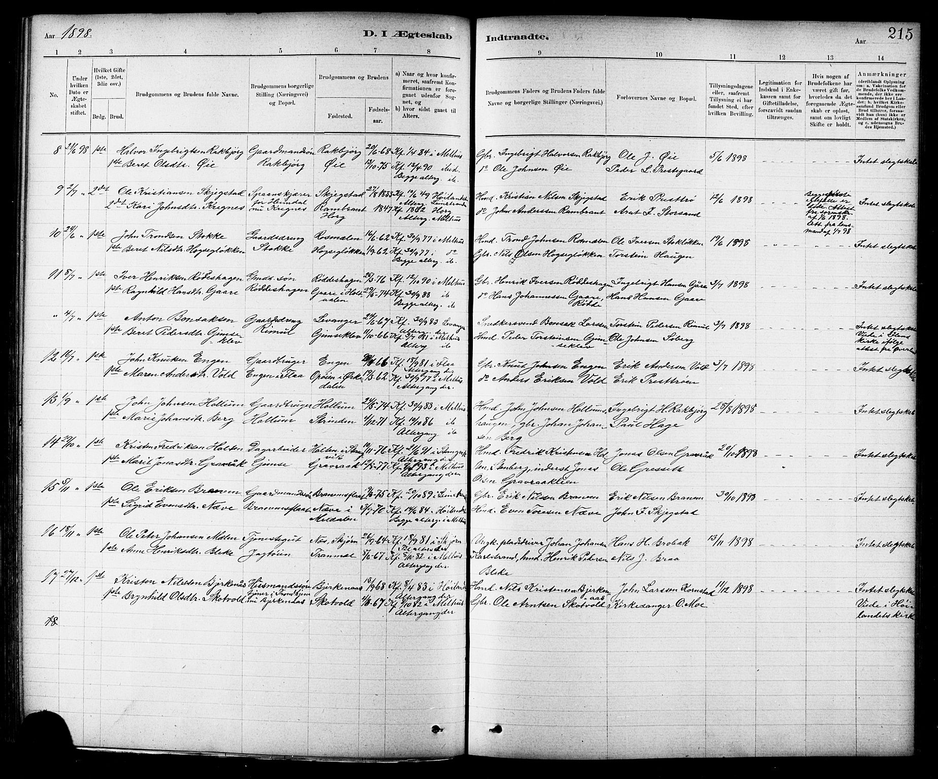 Ministerialprotokoller, klokkerbøker og fødselsregistre - Sør-Trøndelag, AV/SAT-A-1456/691/L1094: Parish register (copy) no. 691C05, 1879-1911, p. 215