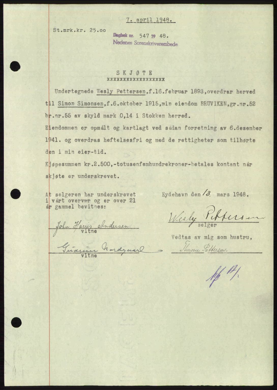 Nedenes sorenskriveri, SAK/1221-0006/G/Gb/Gba/L0059: Mortgage book no. A11, 1948-1948, Diary no: : 547/1948