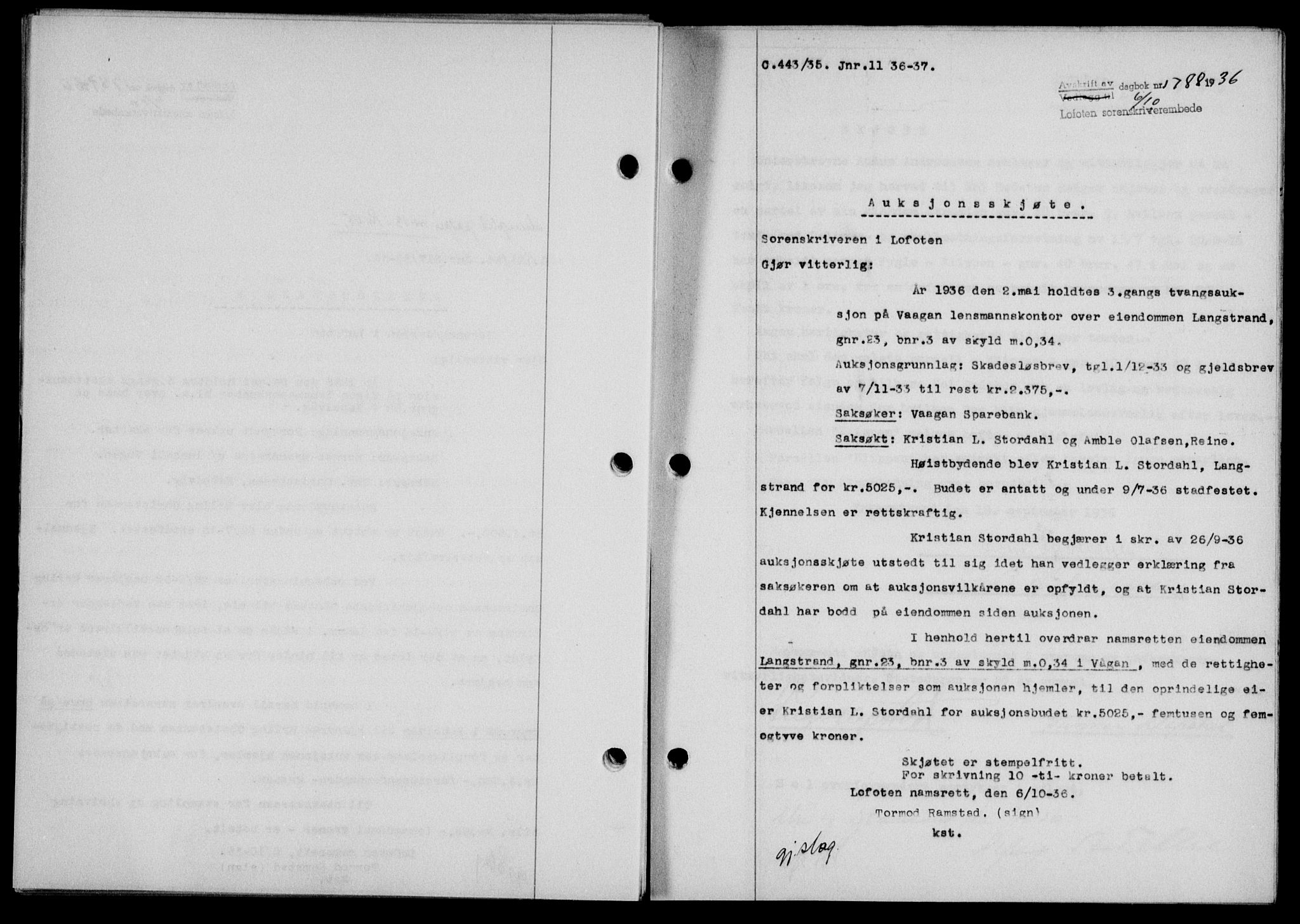 Lofoten sorenskriveri, SAT/A-0017/1/2/2C/L0001a: Mortgage book no. 1a, 1936-1937, Diary no: : 1788/1936