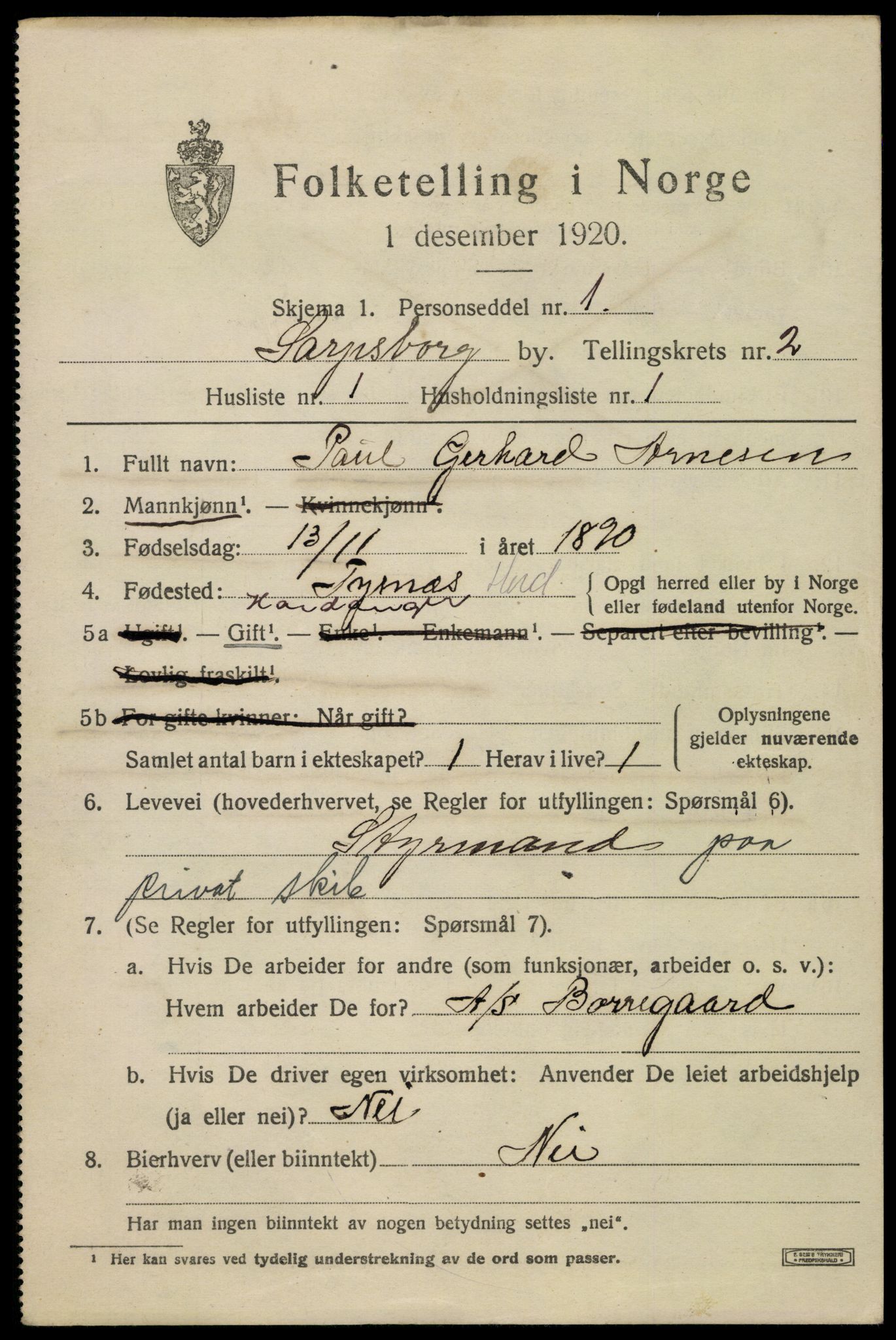 SAO, 1920 census for Sarpsborg, 1920, p. 9282