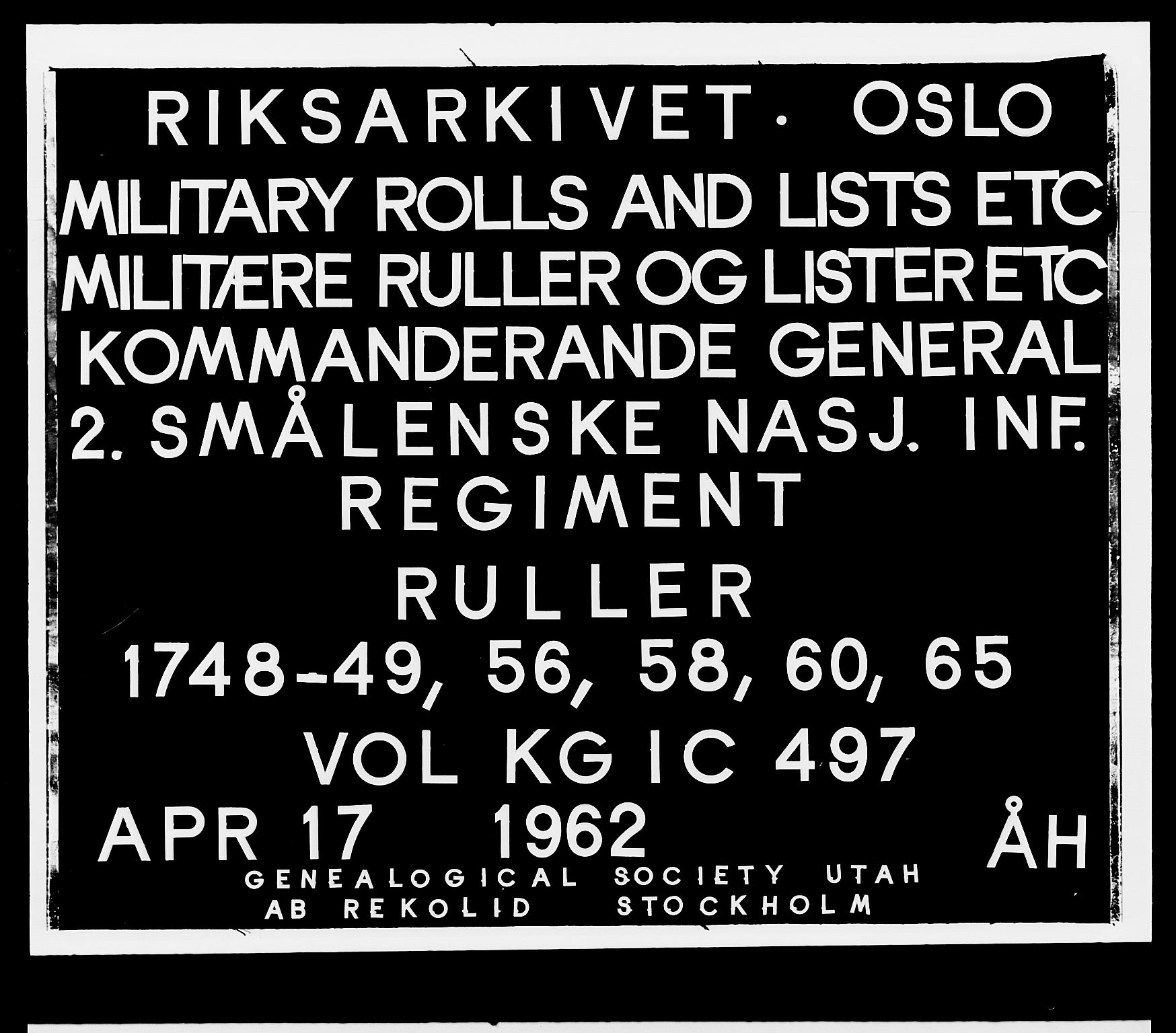 Kommanderende general (KG I) med Det norske krigsdirektorium, RA/EA-5419/E/Ea/L0497: 2. Smålenske regiment, 1748-1765, p. 1