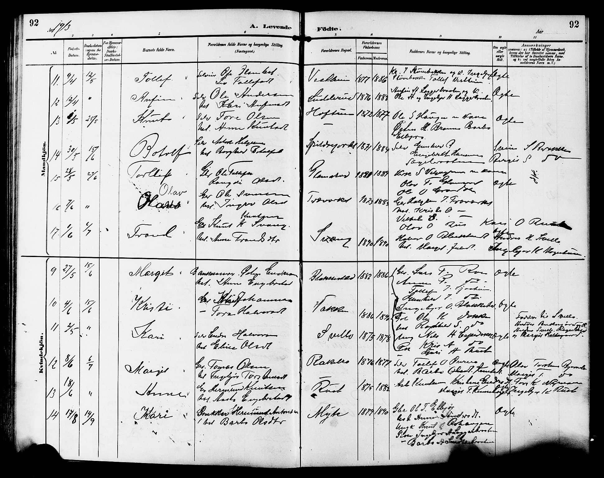 Gol kirkebøker, AV/SAKO-A-226/G/Ga/L0003: Parish register (copy) no. I 3, 1887-1914, p. 92