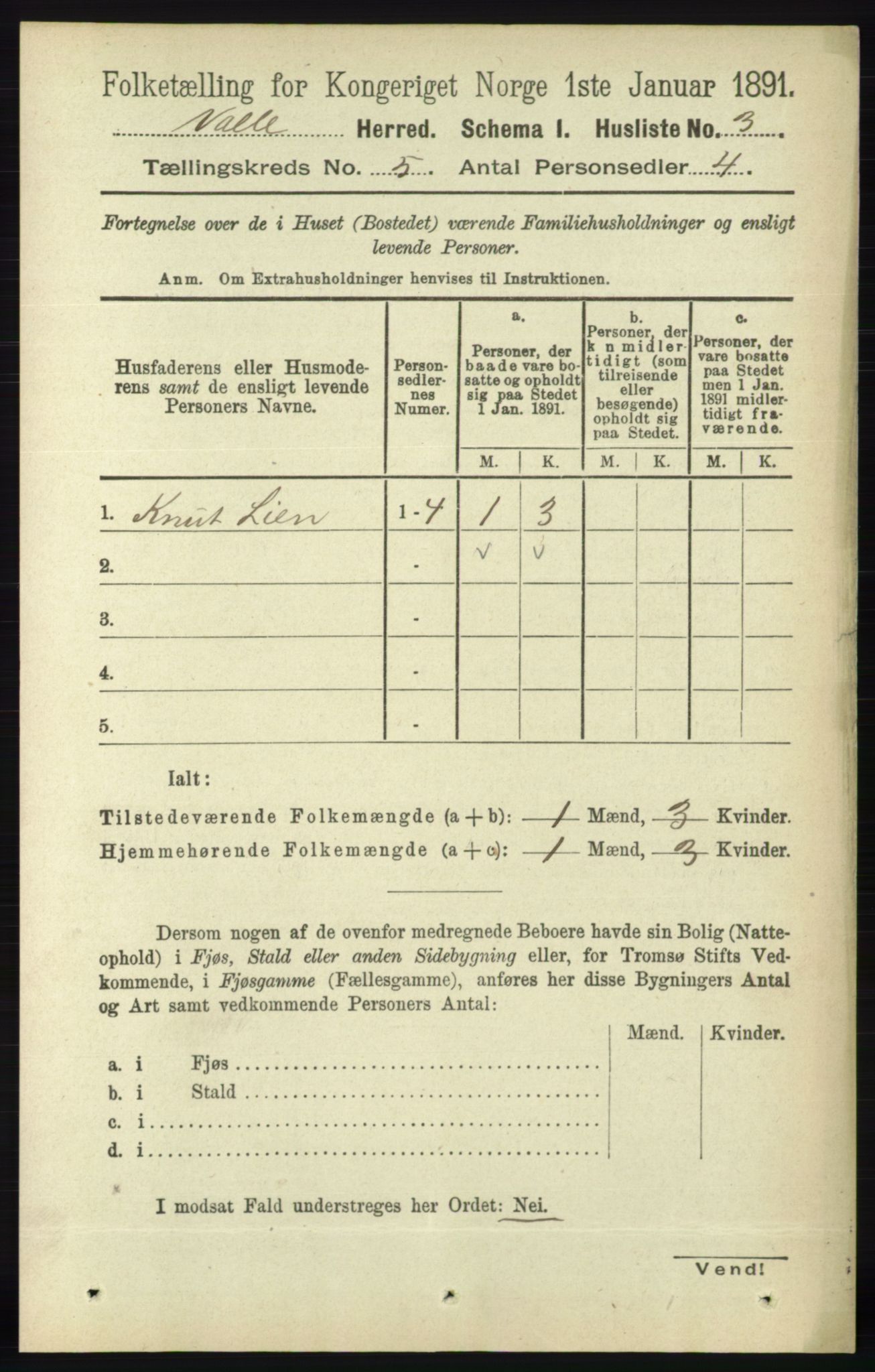 RA, 1891 census for 0940 Valle, 1891, p. 1284