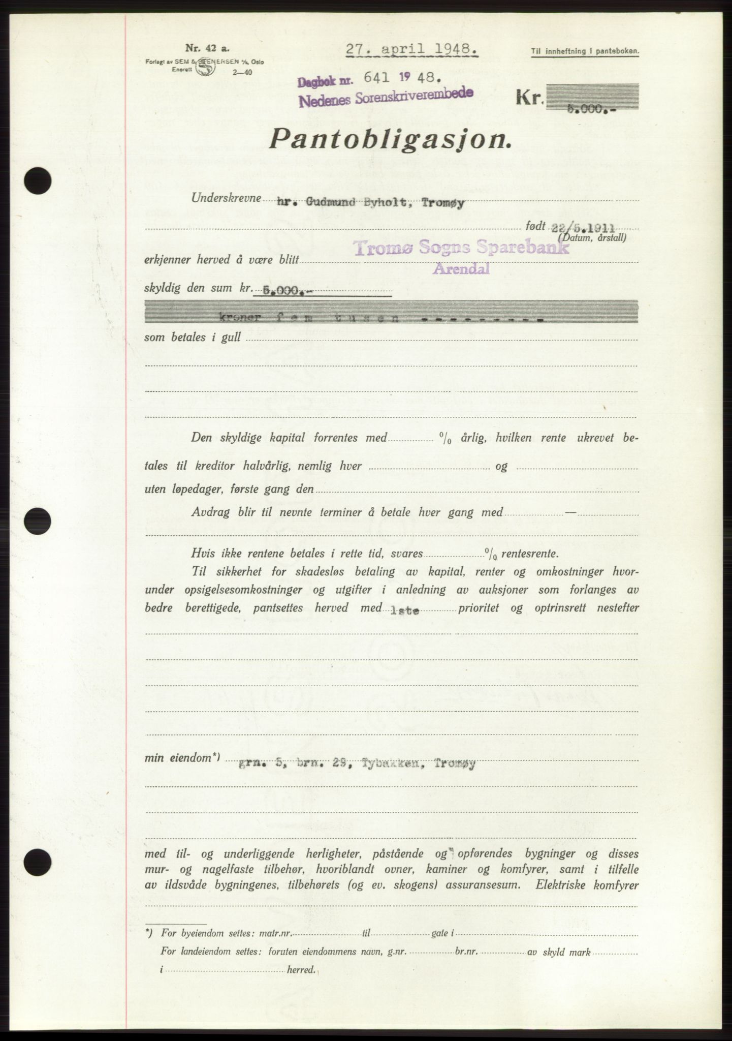 Nedenes sorenskriveri, AV/SAK-1221-0006/G/Gb/Gbb/L0005: Mortgage book no. B5, 1948-1948, Diary no: : 641/1948