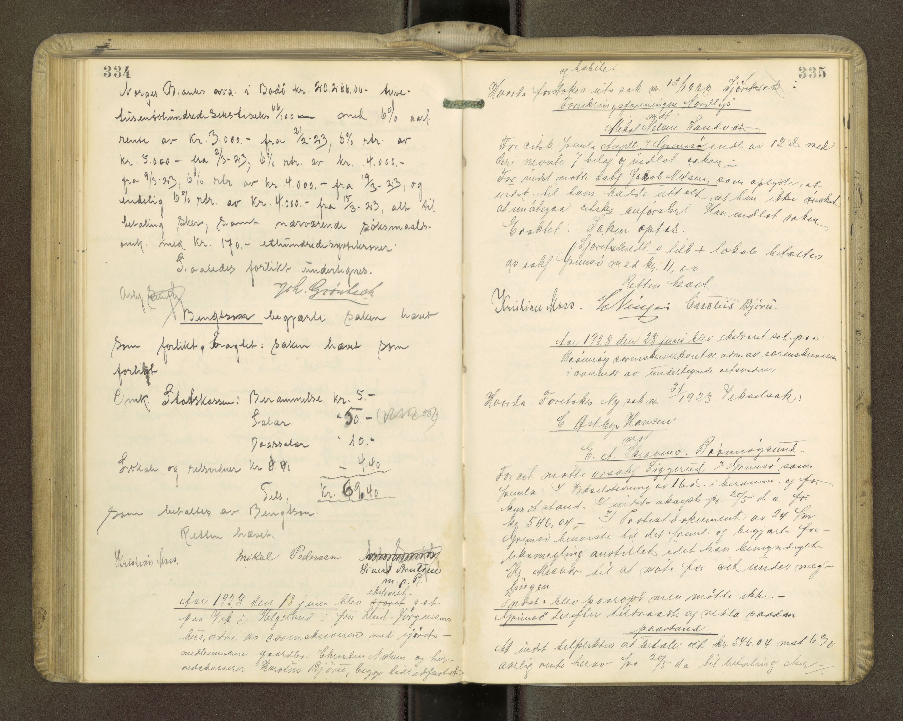 Brønnøy sorenskriveri, AV/SAT-A-4170/1/1/1B/L0001: Ekstrarettsprotokoll, 1919-1926, p. 334-335