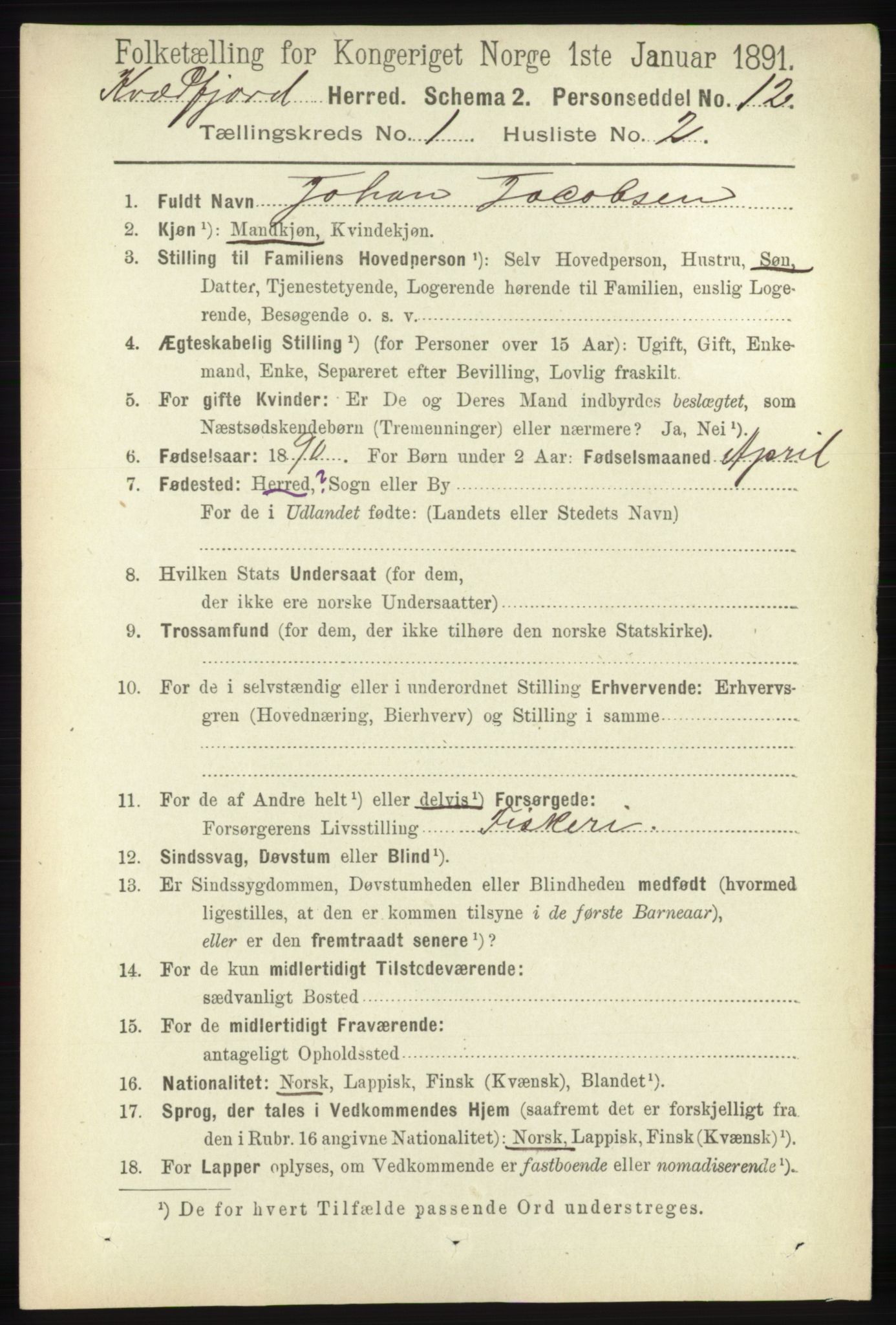 RA, 1891 census for 1911 Kvæfjord, 1891, p. 111