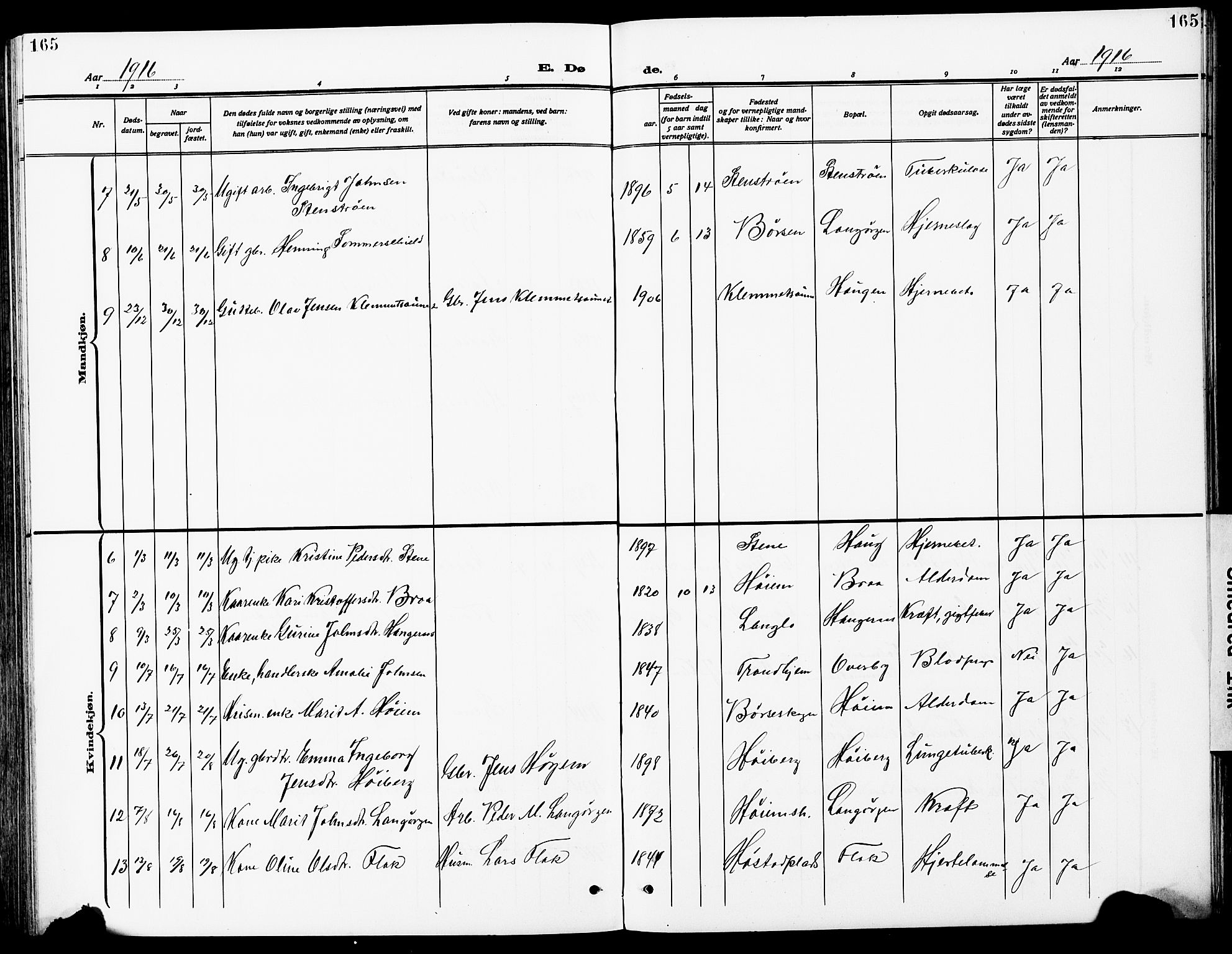 Ministerialprotokoller, klokkerbøker og fødselsregistre - Sør-Trøndelag, SAT/A-1456/612/L0388: Parish register (copy) no. 612C04, 1909-1929, p. 165