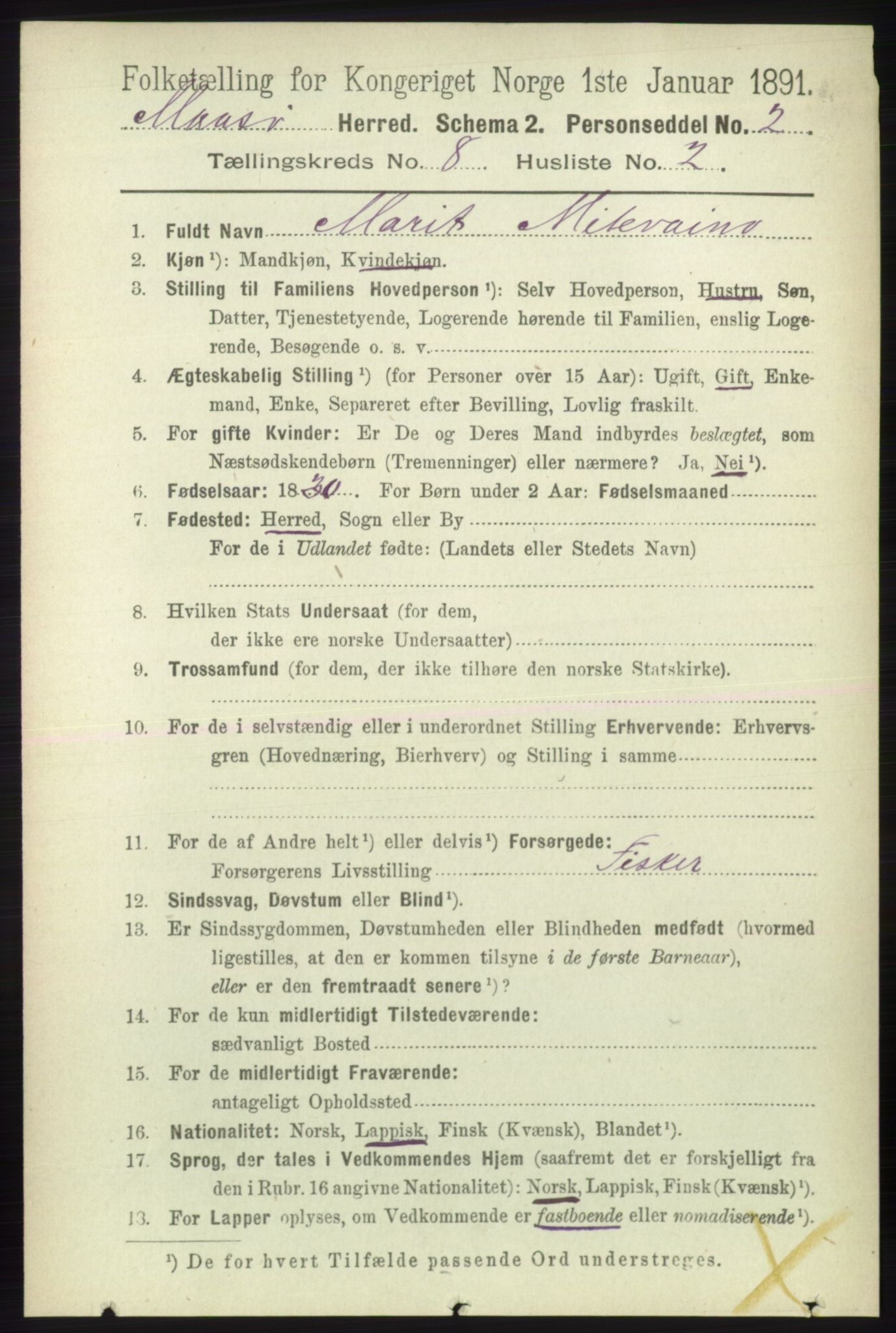 RA, 1891 census for 2018 Måsøy, 1891, p. 1530