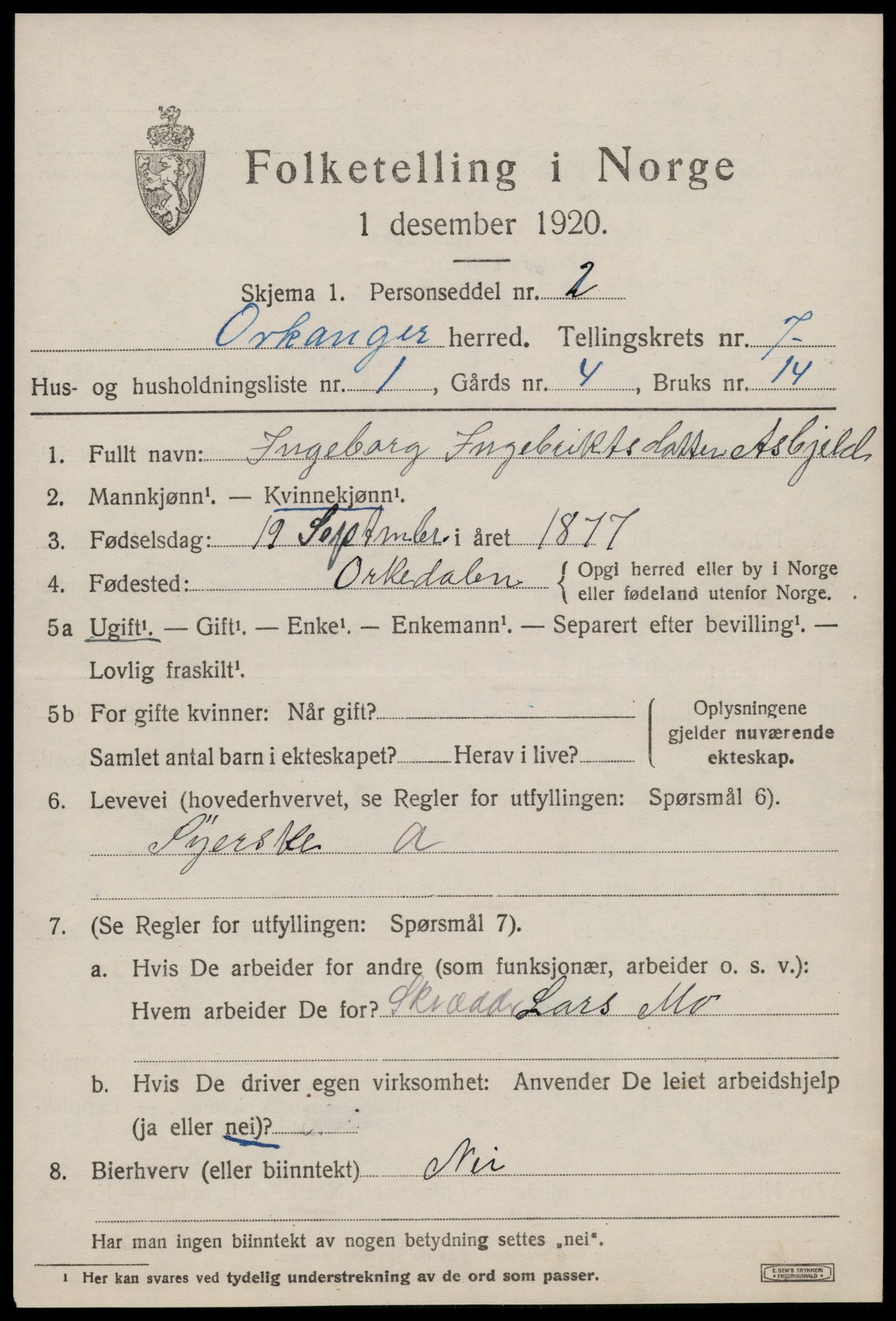 SAT, 1920 census for Orkanger, 1920, p. 3483