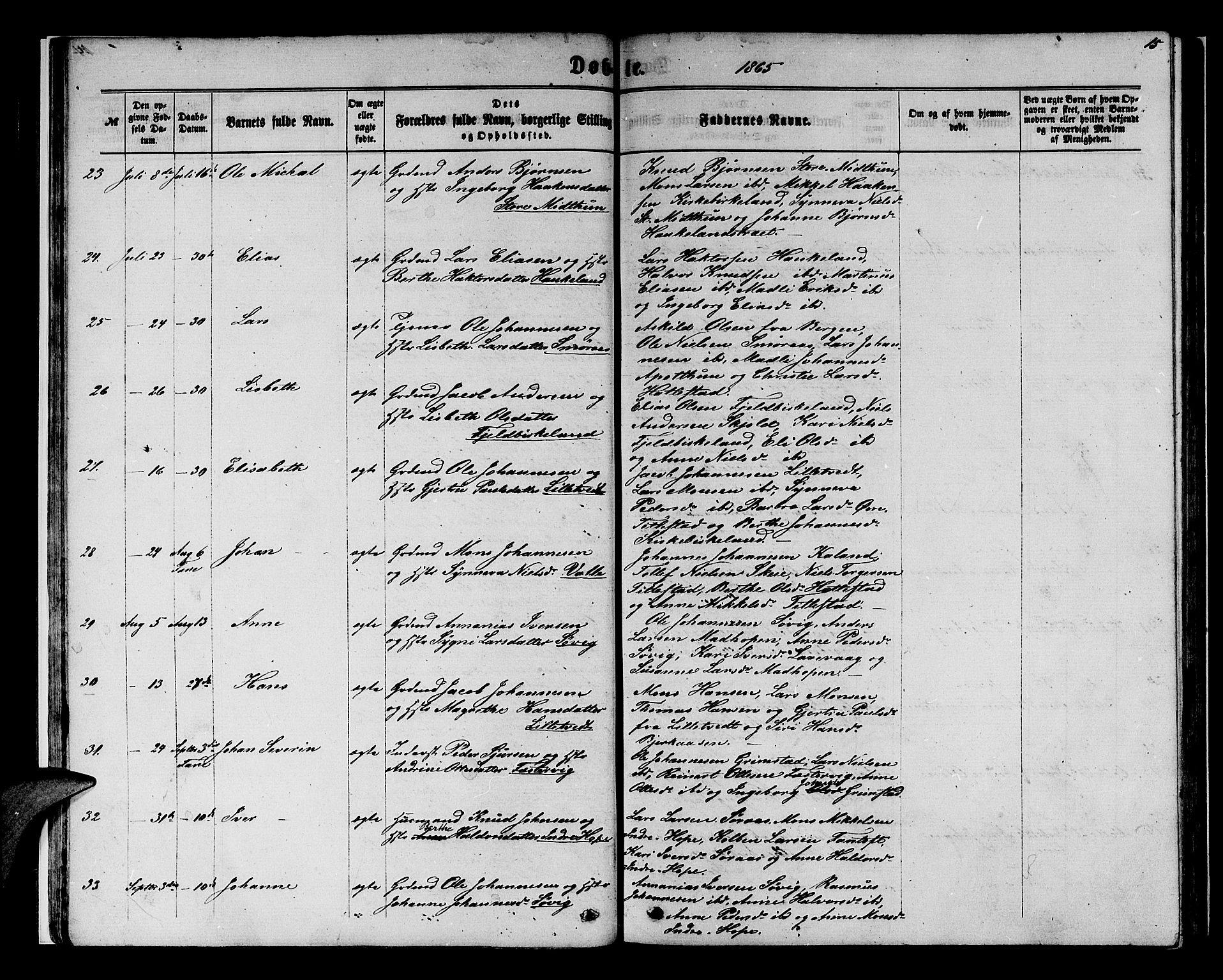 Birkeland Sokneprestembete, AV/SAB-A-74601/H/Hab: Parish register (copy) no. A 2, 1863-1876, p. 15