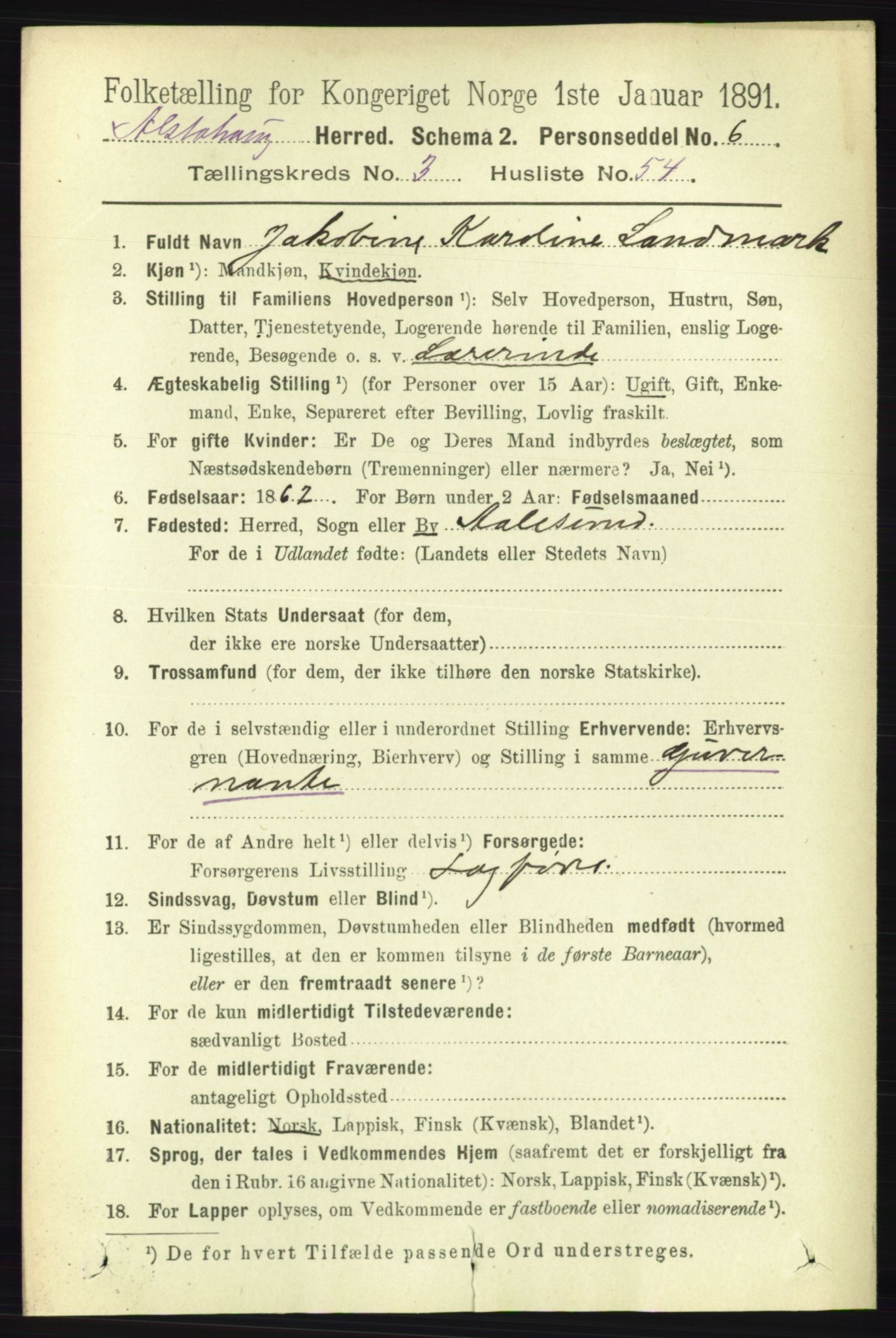 RA, 1891 census for 1820 Alstahaug, 1891, p. 1448