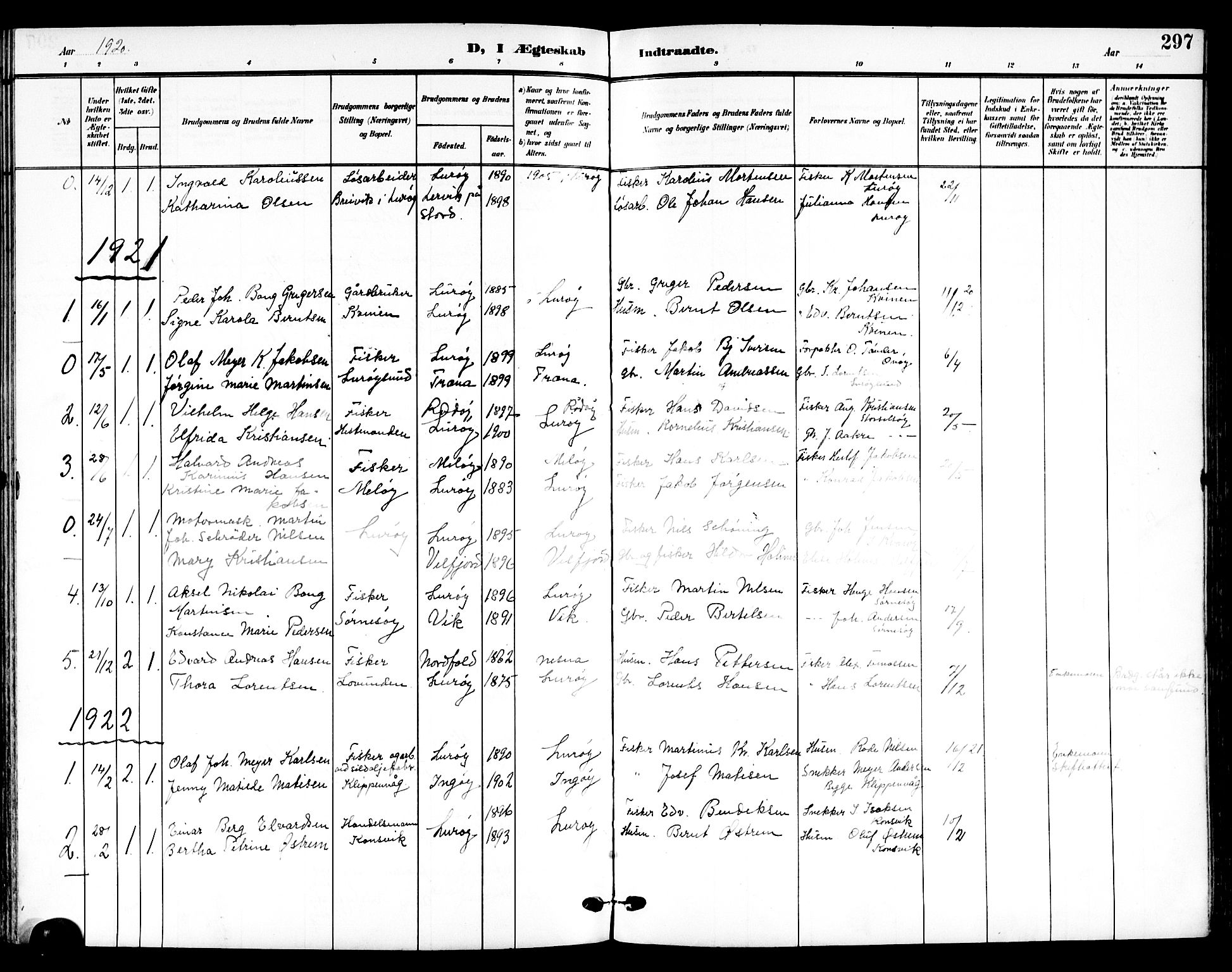 Ministerialprotokoller, klokkerbøker og fødselsregistre - Nordland, SAT/A-1459/839/L0569: Parish register (official) no. 839A06, 1903-1922, p. 297