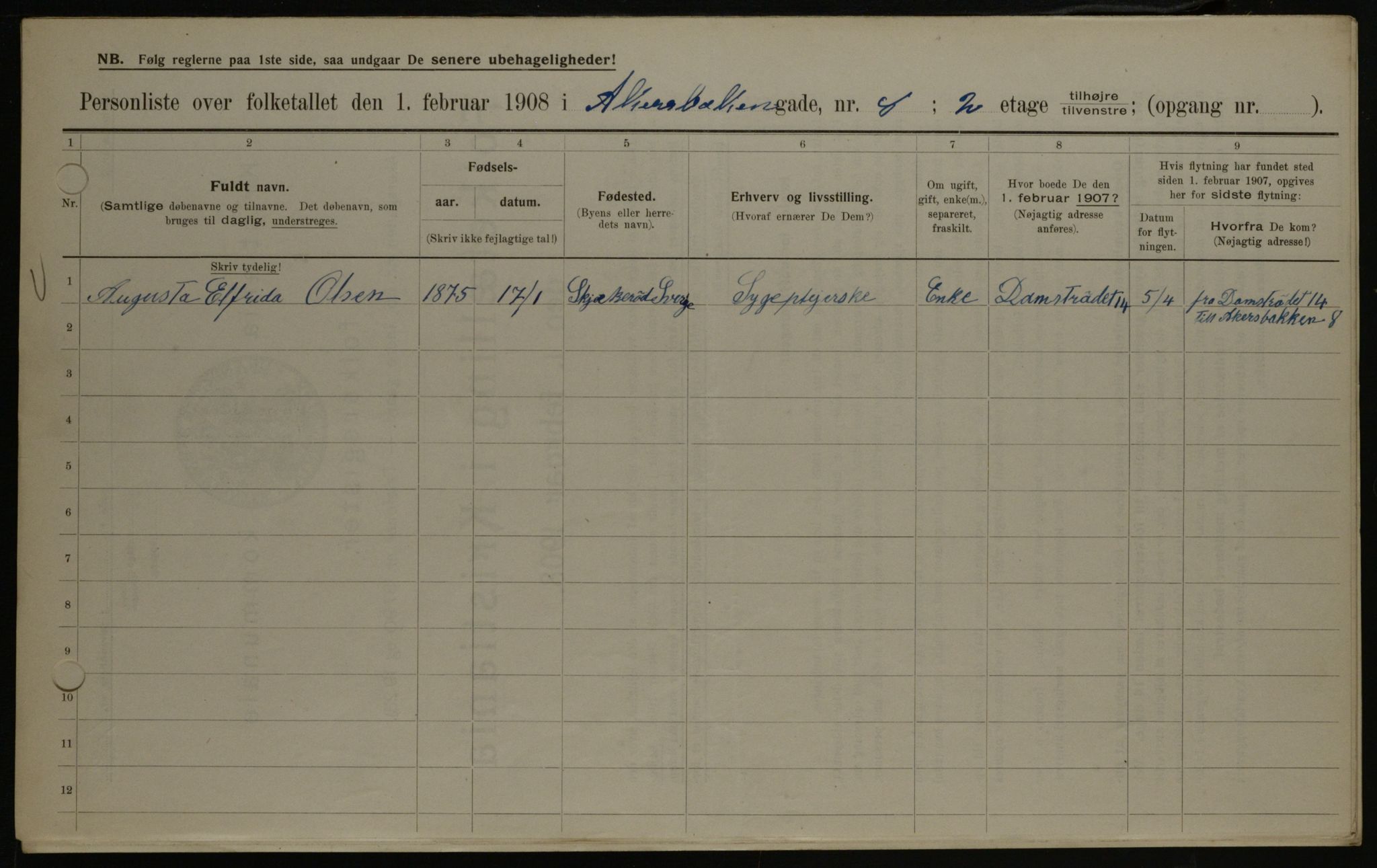 OBA, Municipal Census 1908 for Kristiania, 1908, p. 39