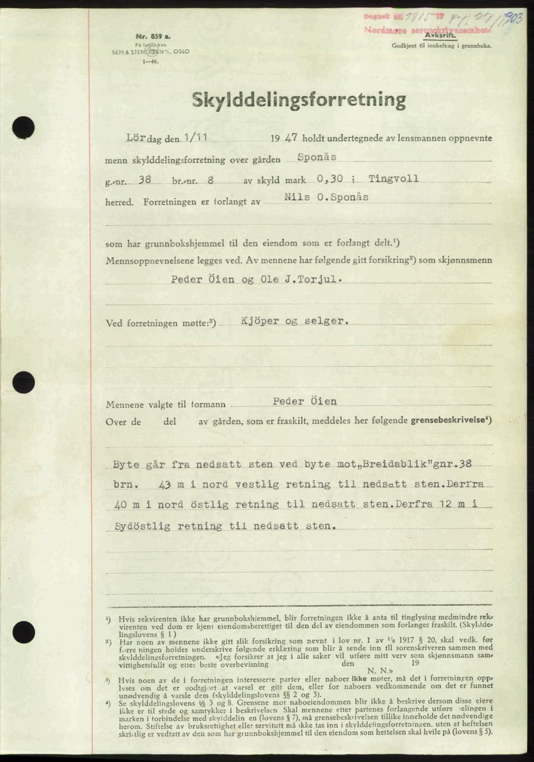 Nordmøre sorenskriveri, AV/SAT-A-4132/1/2/2Ca: Mortgage book no. A106, 1947-1947, Diary no: : 2815/1947