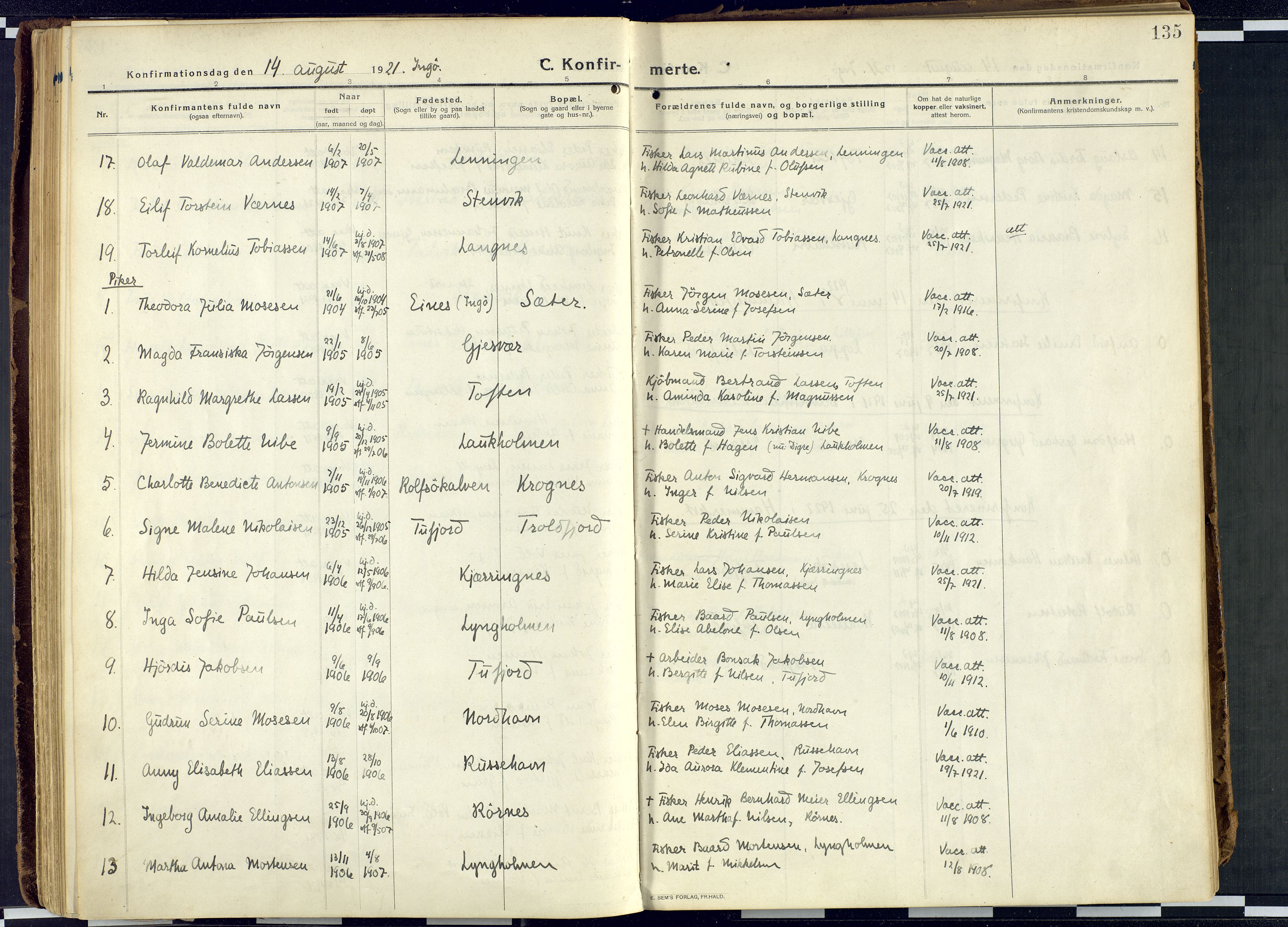 Måsøy sokneprestkontor, AV/SATØ-S-1348/H/Ha/L0010kirke: Parish register (official) no. 10, 1915-1933, p. 135