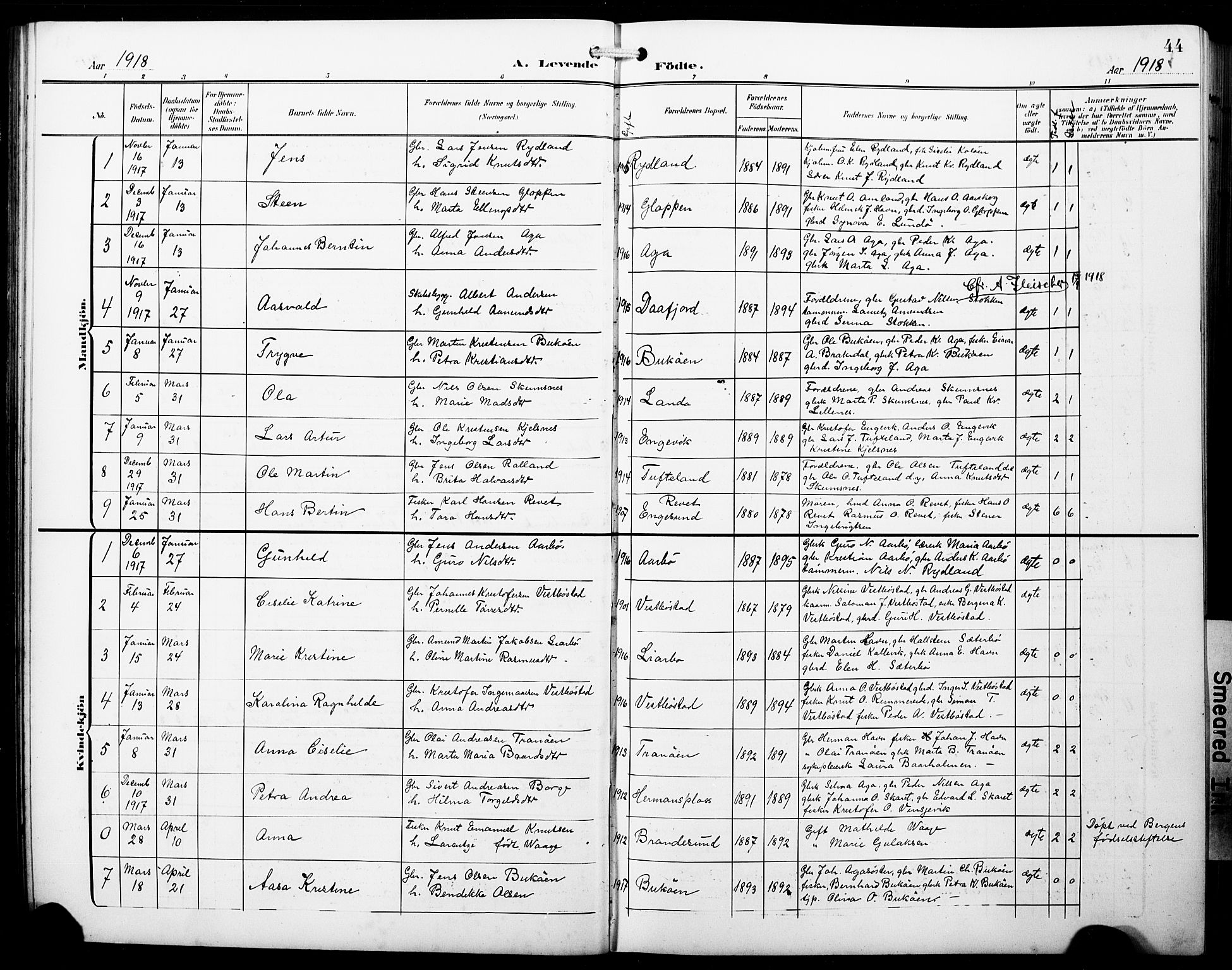 Fitjar sokneprestembete, SAB/A-99926: Parish register (copy) no. B 1, 1906-1928, p. 44