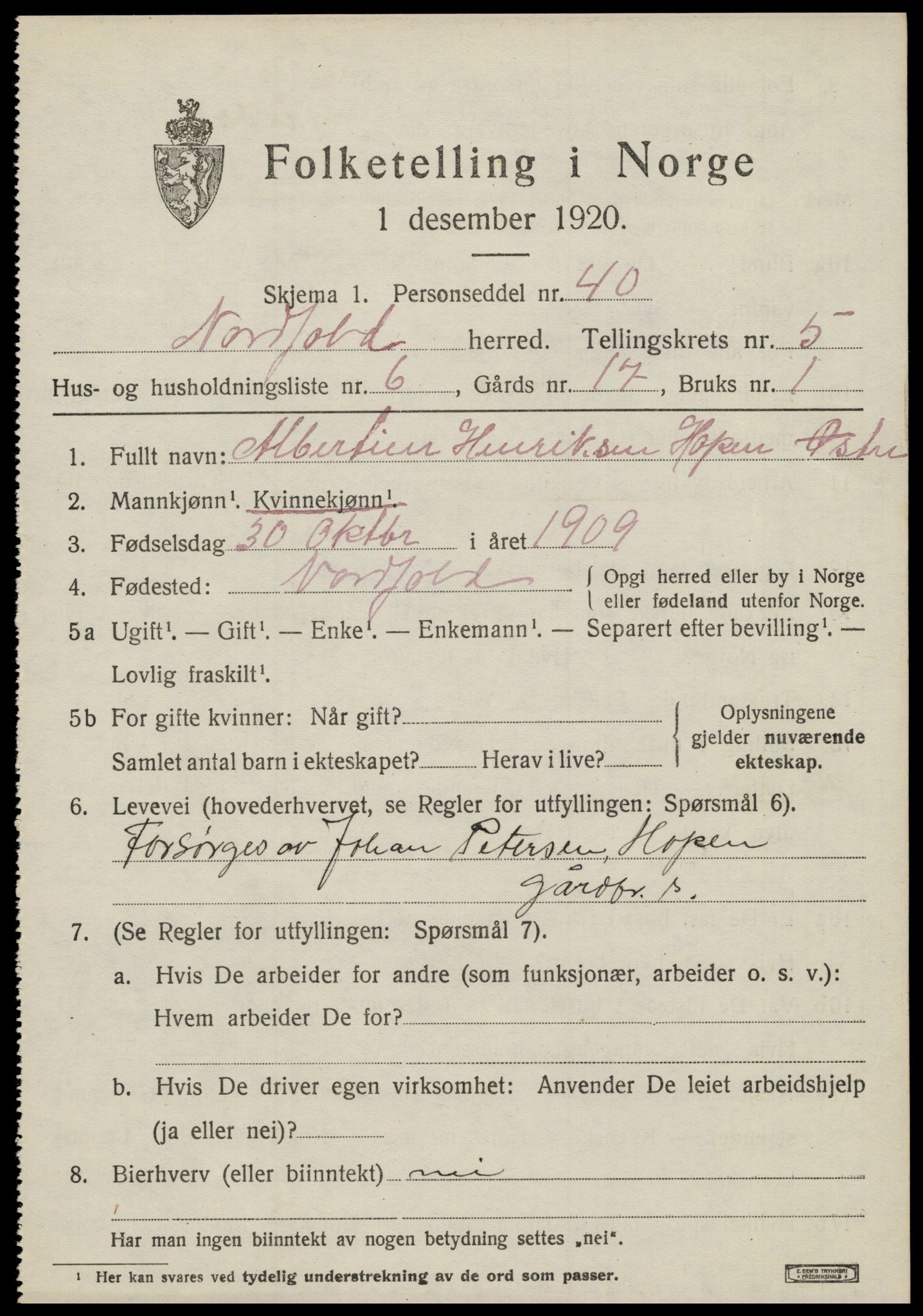 SAT, 1920 census for Nordfold, 1920, p. 2511