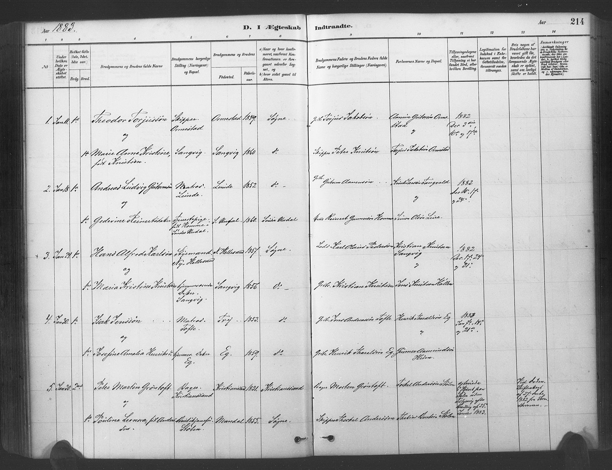 Søgne sokneprestkontor, AV/SAK-1111-0037/F/Fa/Fab/L0012: Parish register (official) no. A 12, 1880-1891, p. 214