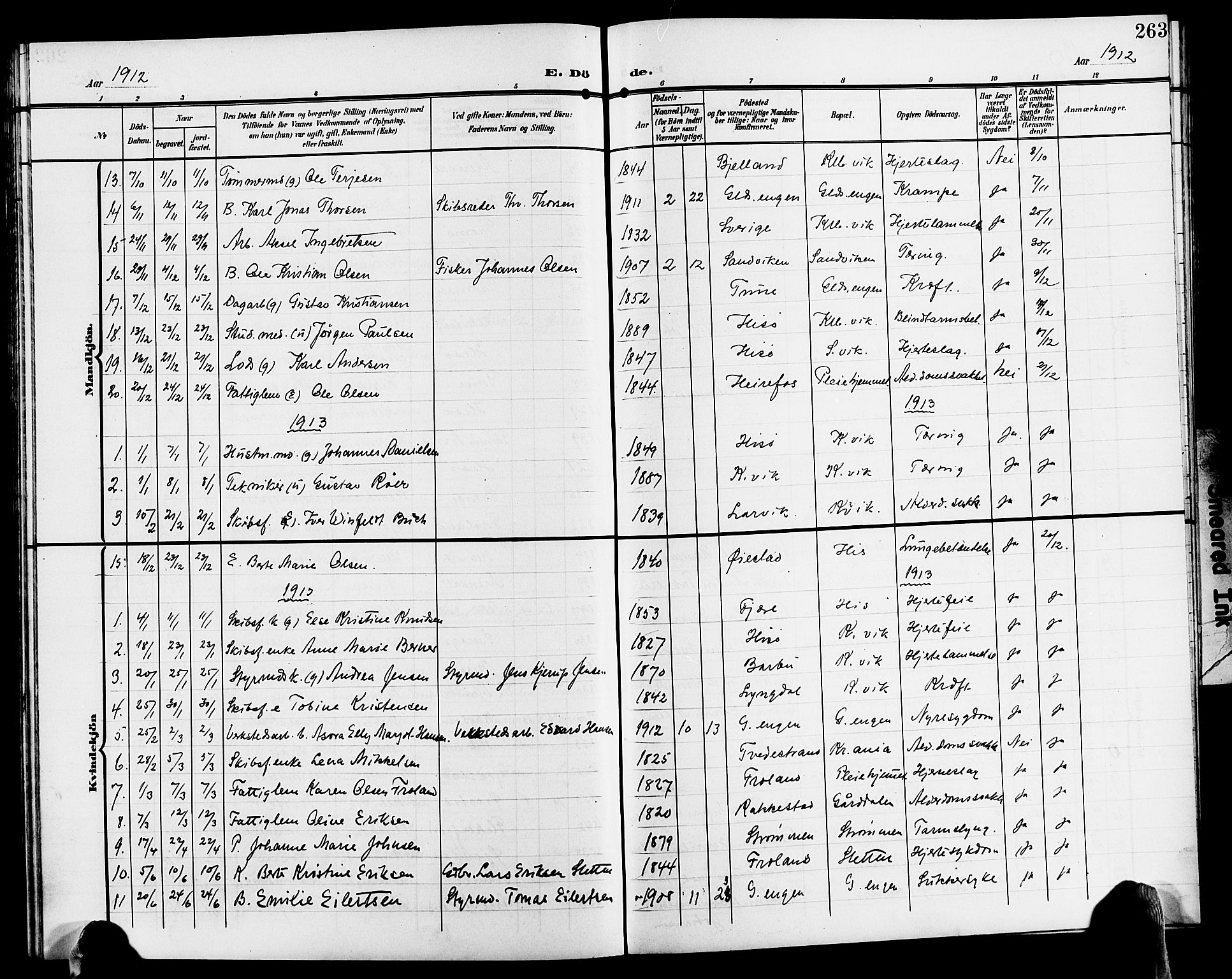 Hisøy sokneprestkontor, SAK/1111-0020/F/Fb/L0004: Parish register (copy) no. B 4, 1905-1923, p. 263