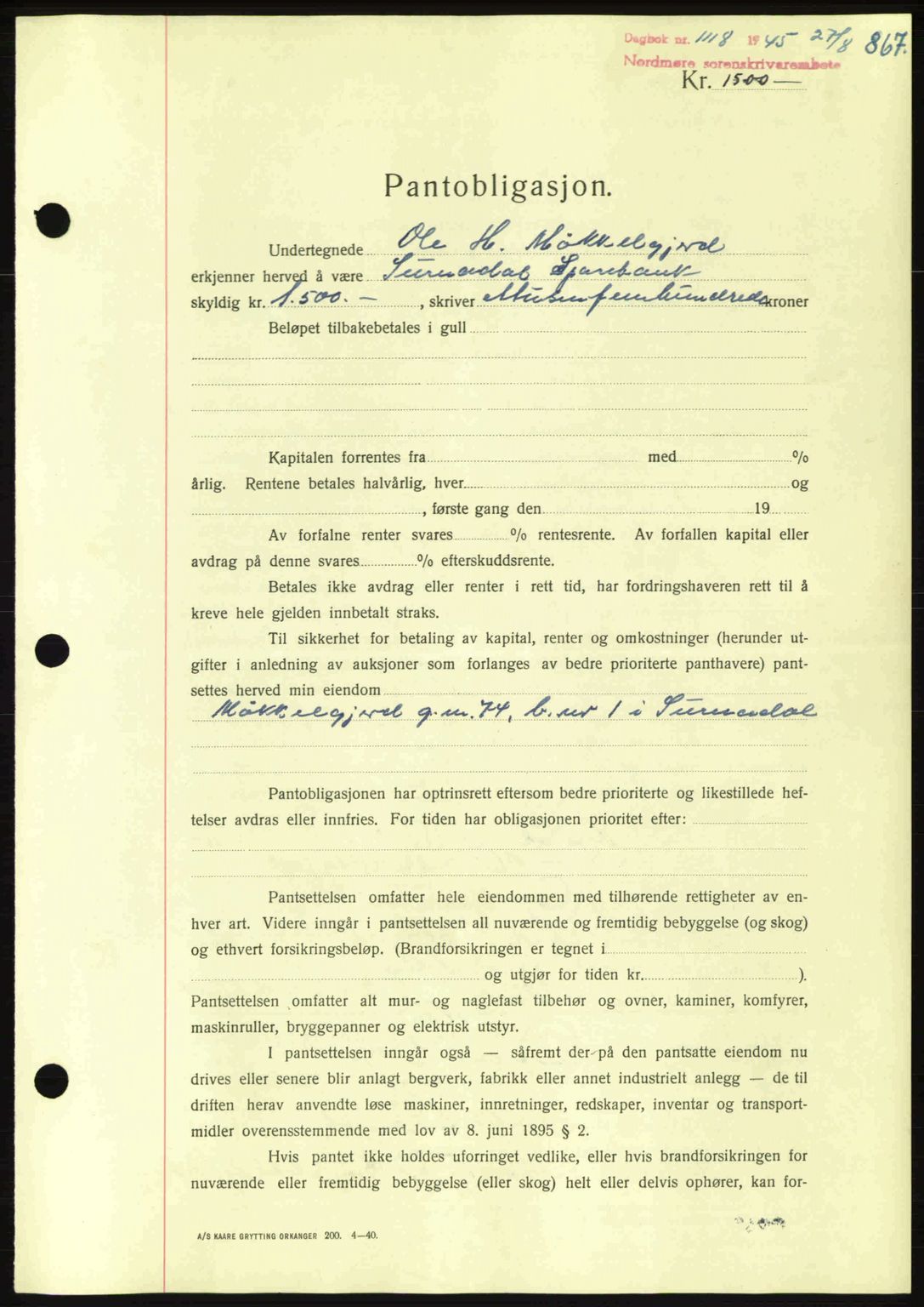 Nordmøre sorenskriveri, AV/SAT-A-4132/1/2/2Ca: Mortgage book no. B92, 1944-1945, Diary no: : 1118/1945