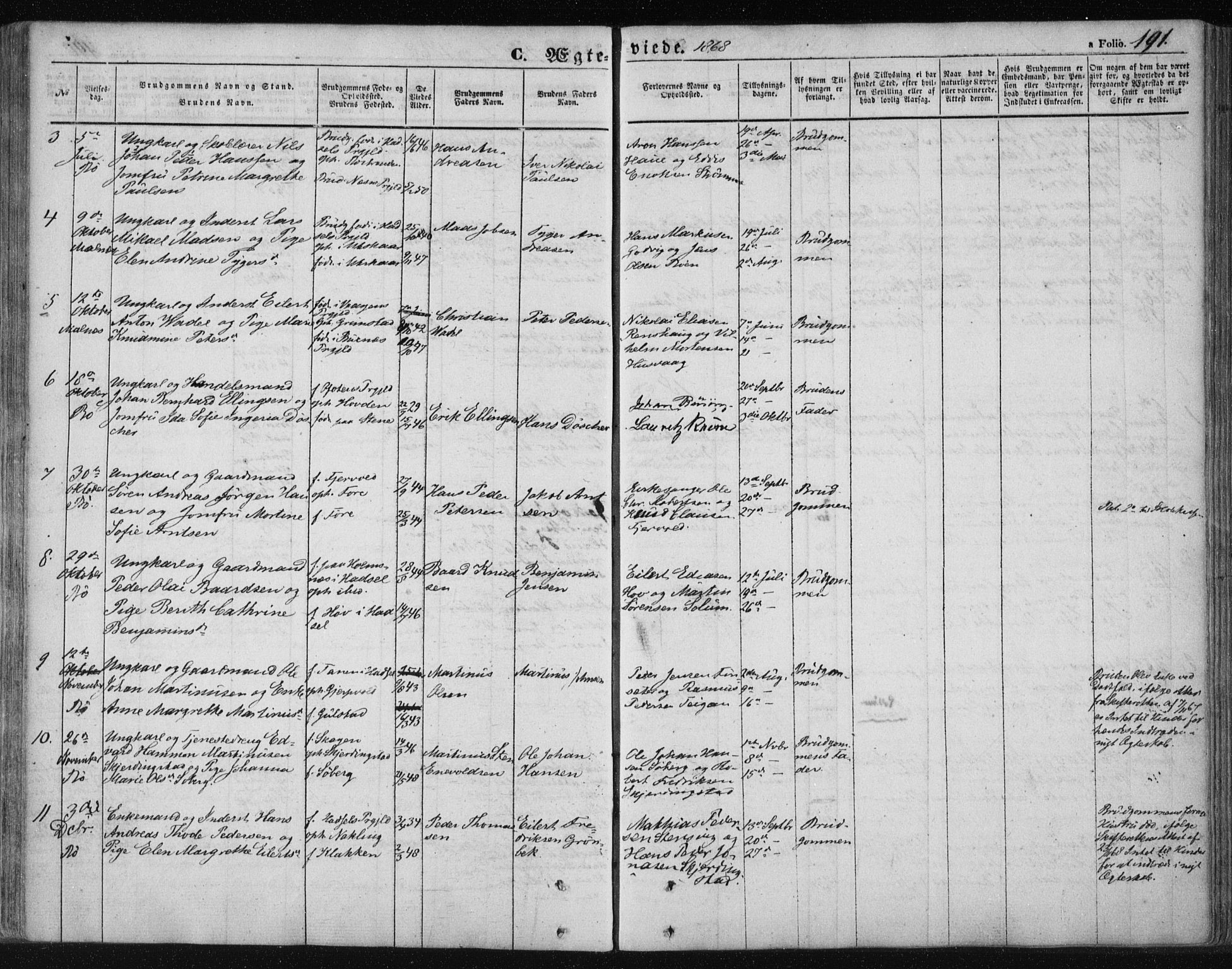 Ministerialprotokoller, klokkerbøker og fødselsregistre - Nordland, AV/SAT-A-1459/891/L1300: Parish register (official) no. 891A05, 1856-1870, p. 191