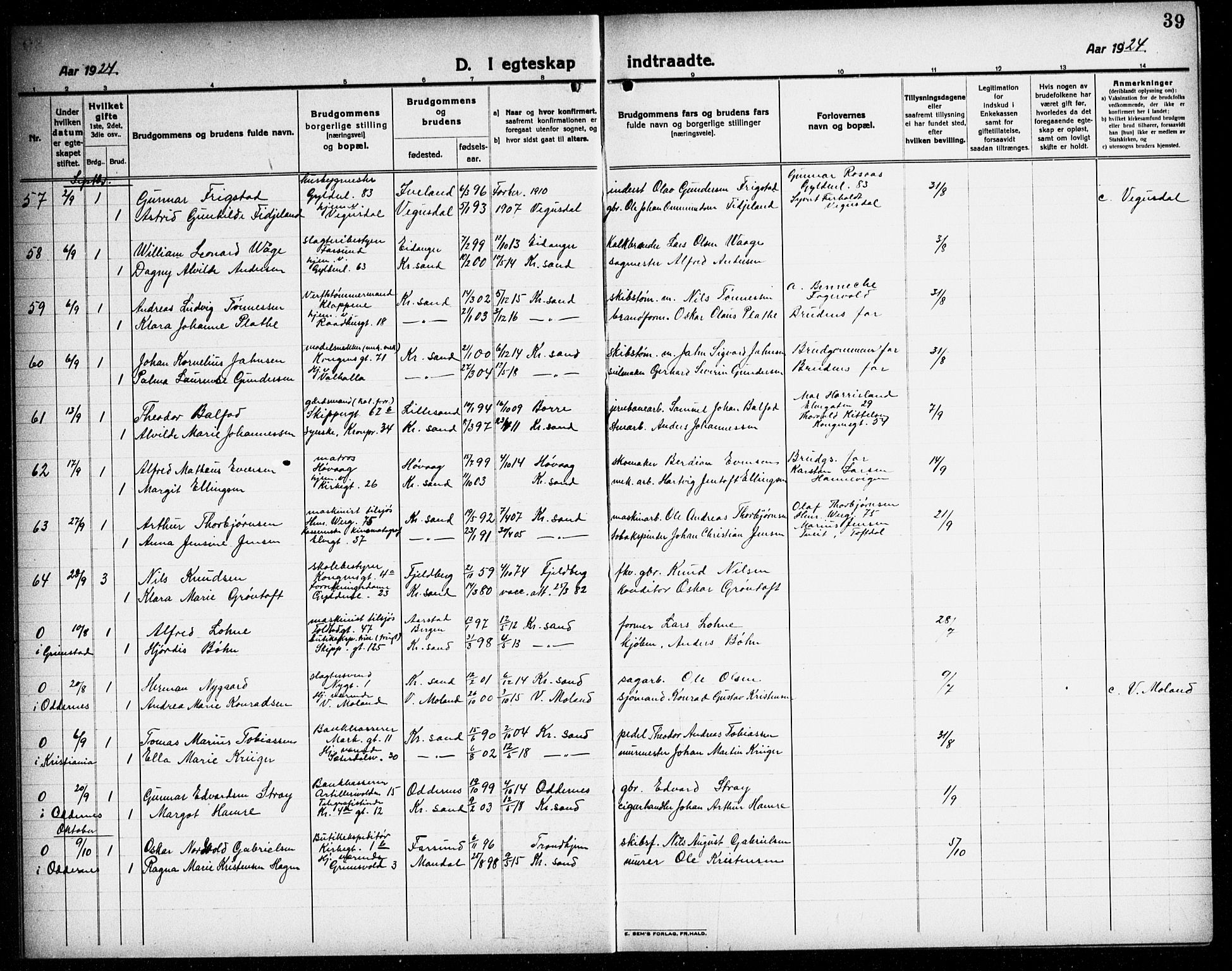 Kristiansand domprosti, AV/SAK-1112-0006/F/Fb/L0023: Parish register (copy) no. B 23, 1921-1937, p. 39