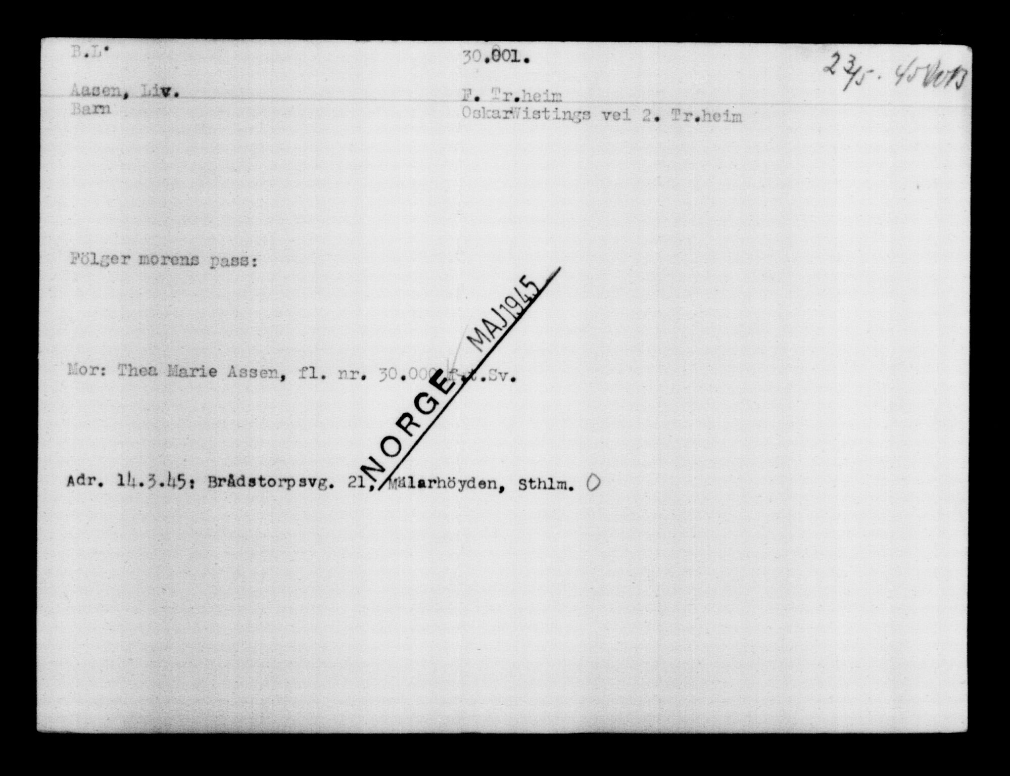 Utenriksstasjonene, Legasjonen i Stockholm, Flyktningkontoret, AV/RA-S-6753/V/Va/L0012: Kjesäterkartoteket, flyktninger med registreringsnr. 28300-31566, 1940-1945, p. 1873