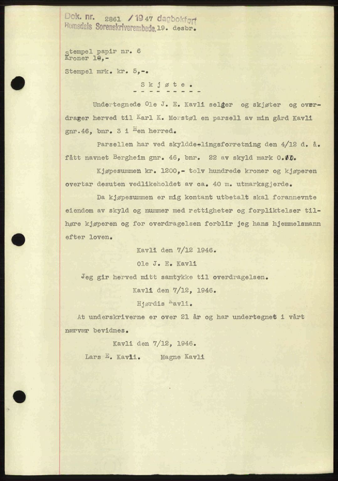 Romsdal sorenskriveri, AV/SAT-A-4149/1/2/2C: Mortgage book no. A21, 1946-1946, Diary no: : 2861/1946