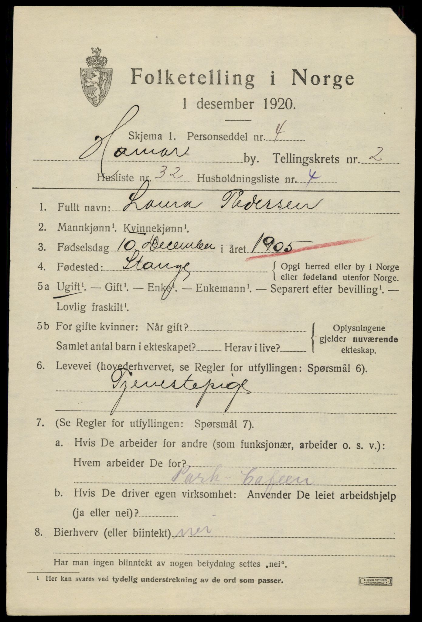 SAH, 1920 census for Hamar, 1920, p. 6759