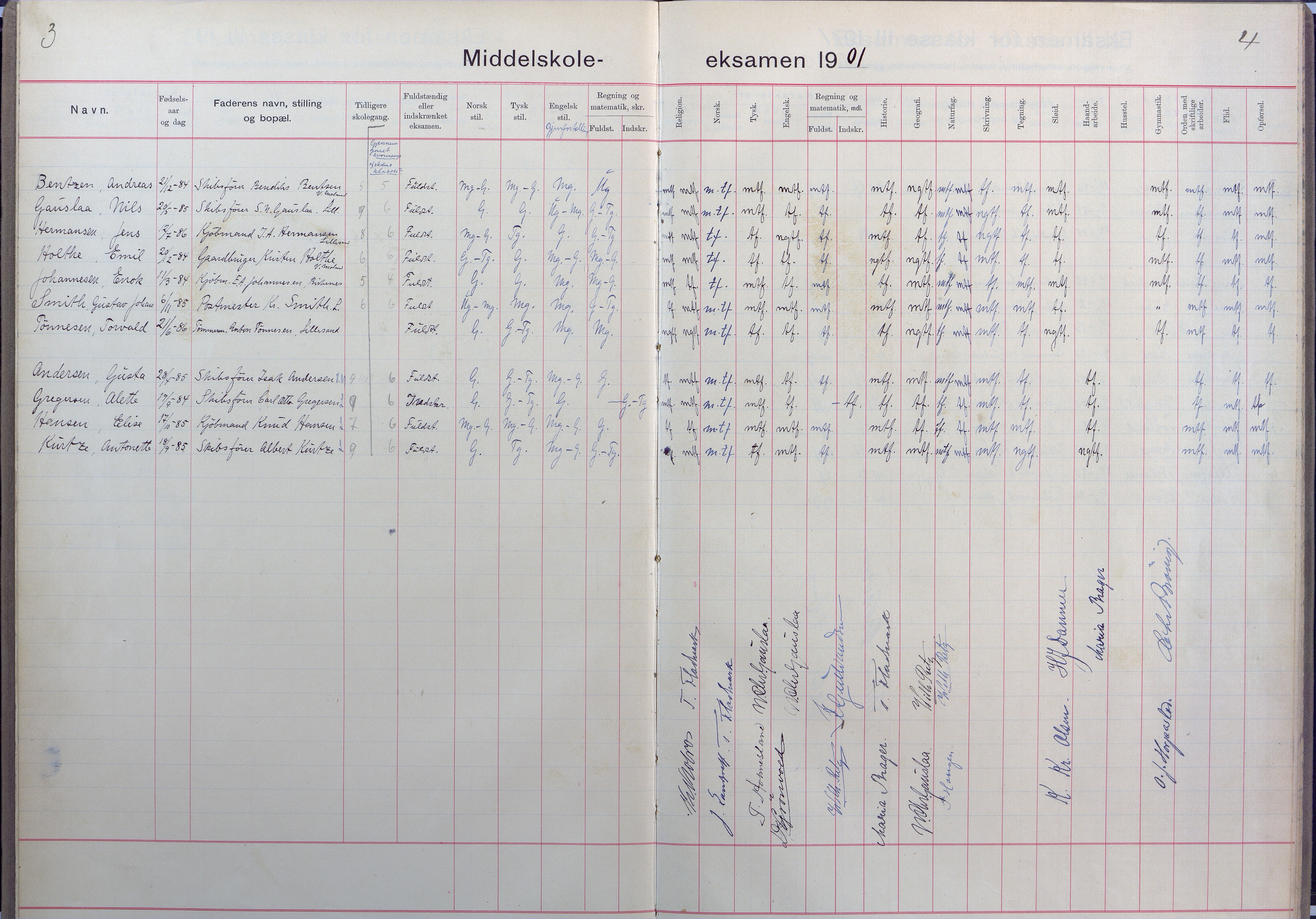 Lillesand kommune, AAKS/KA0926-PK/2/03/L0025: Lillesand Communale Middelskole - Eksamensprotokoll for Lillesands komm. Middelskolen. Forhåndskarakterer 3. og 2. kl., 1901-1932, p. 3-4