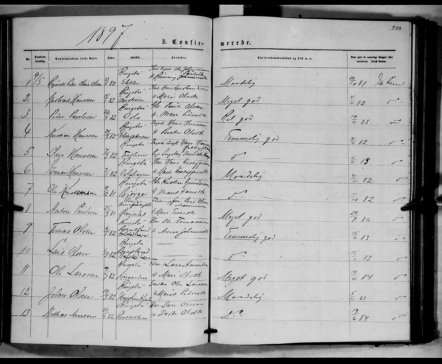 Ringebu prestekontor, SAH/PREST-082/H/Ha/Hab/L0006: Parish register (copy) no. 6, 1880-1898, p. 243