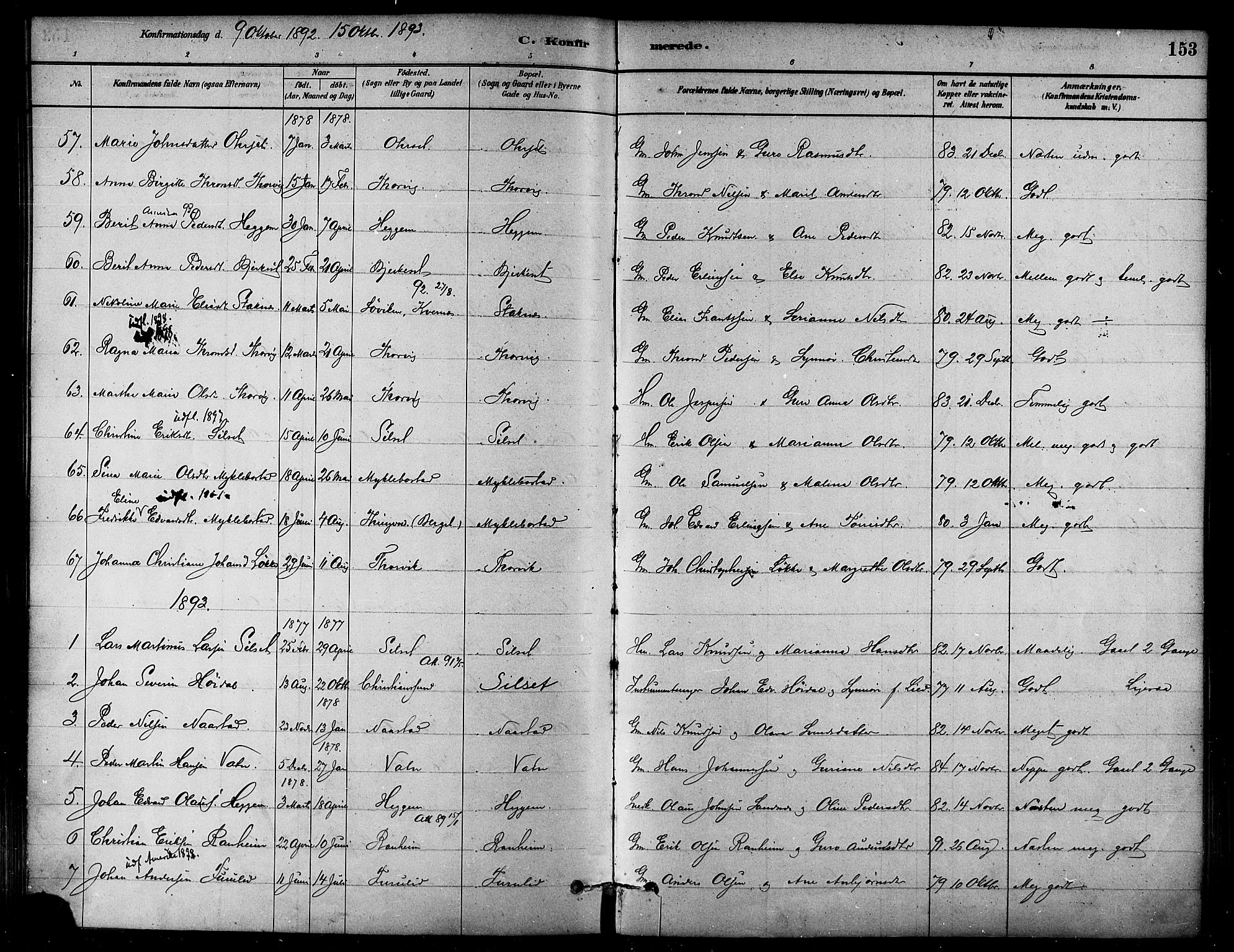 Ministerialprotokoller, klokkerbøker og fødselsregistre - Møre og Romsdal, SAT/A-1454/584/L0967: Parish register (official) no. 584A07, 1879-1894, p. 153
