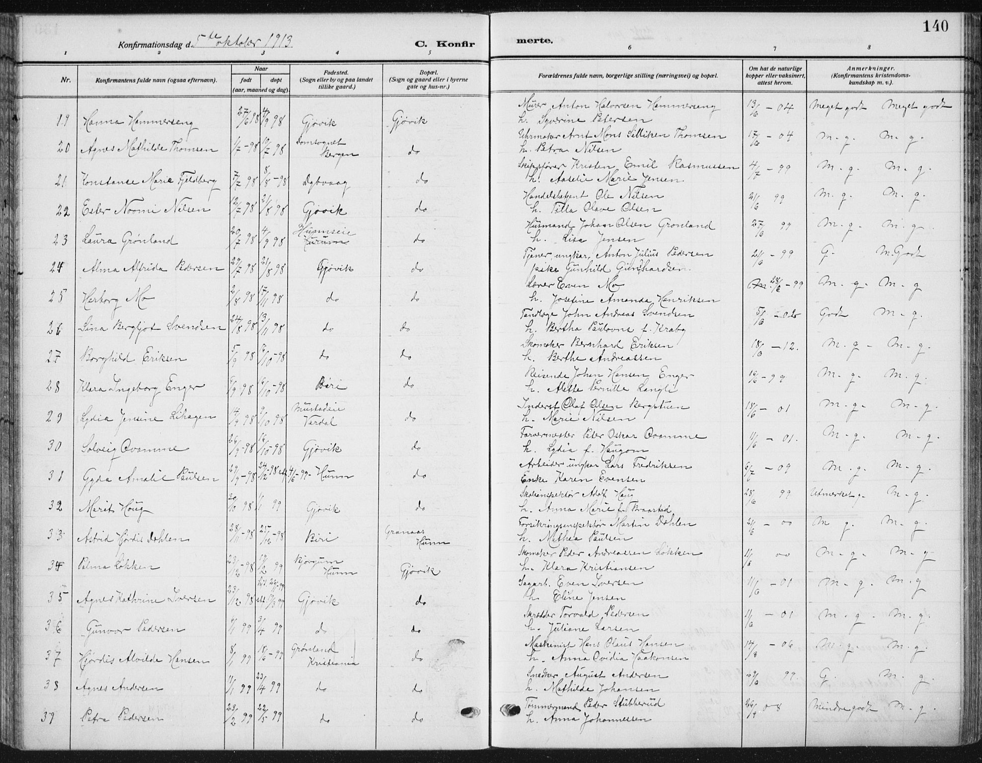 Vardal prestekontor, SAH/PREST-100/H/Ha/Haa/L0014: Parish register (official) no. 14, 1912-1922, p. 140