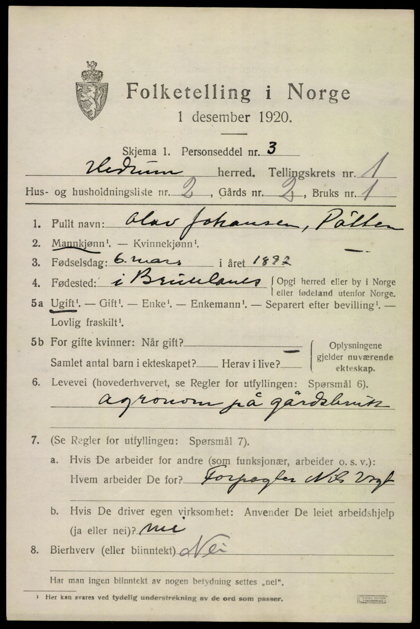 SAKO, 1920 census for Hedrum, 1920, p. 1811