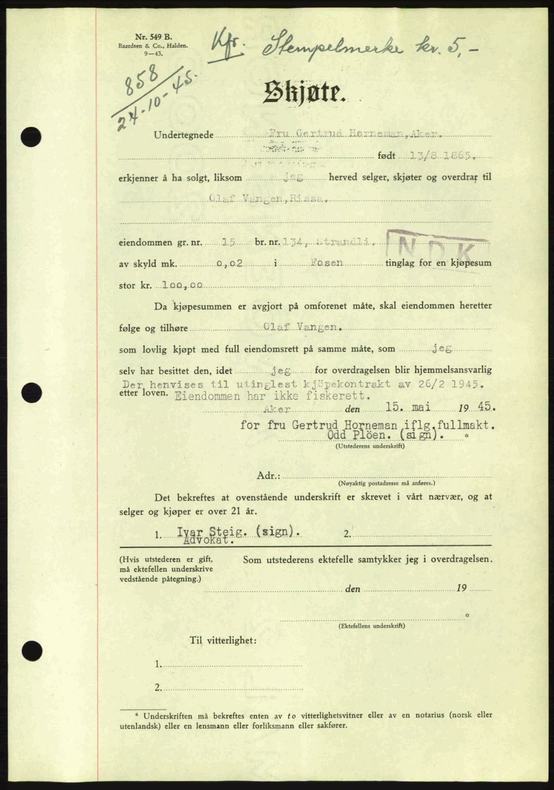 Fosen sorenskriveri, AV/SAT-A-1107/1/2/2C: Mortgage book no. A3, 1943-1945, Diary no: : 858/1945
