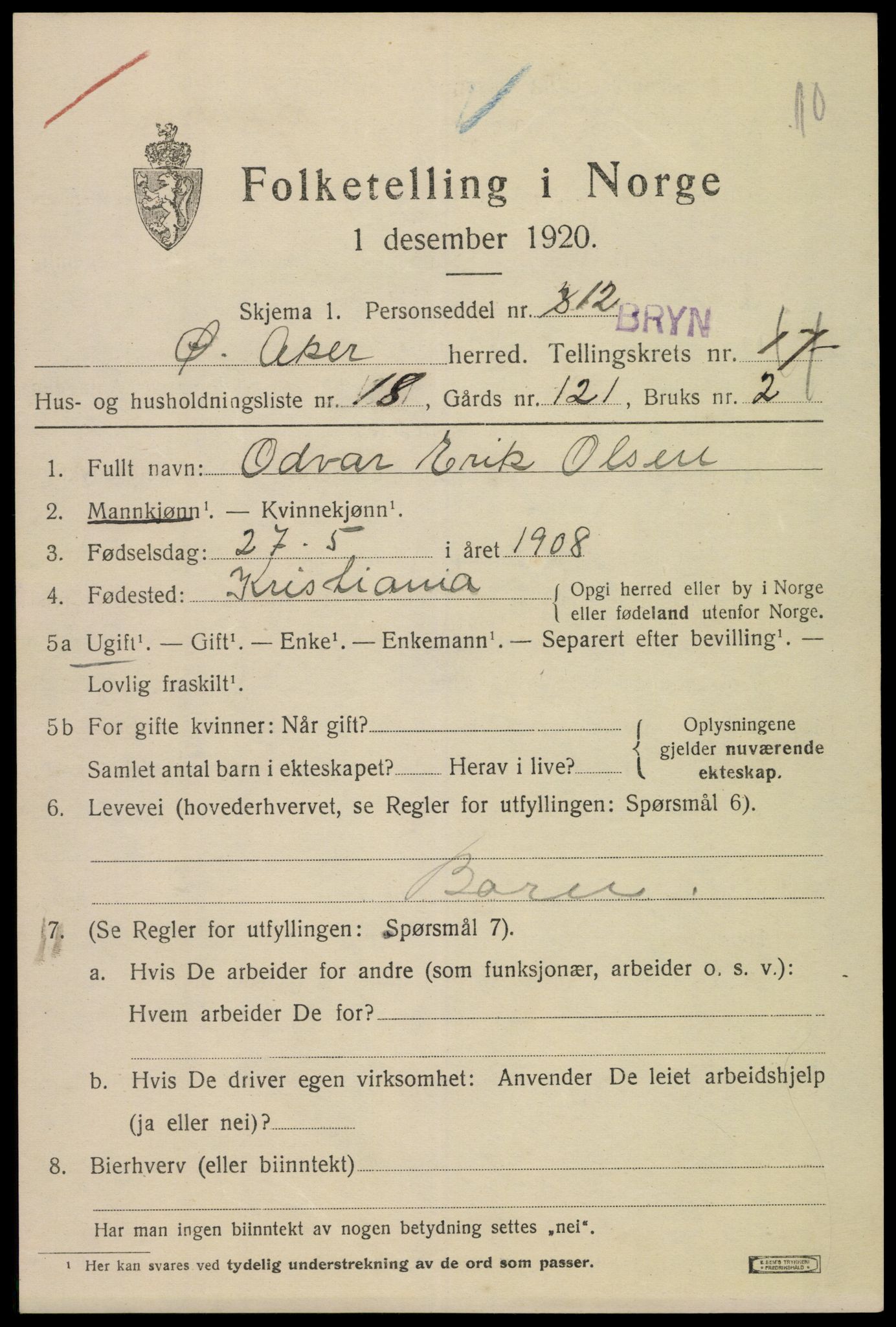 SAO, 1920 census for Aker, 1920, p. 100368