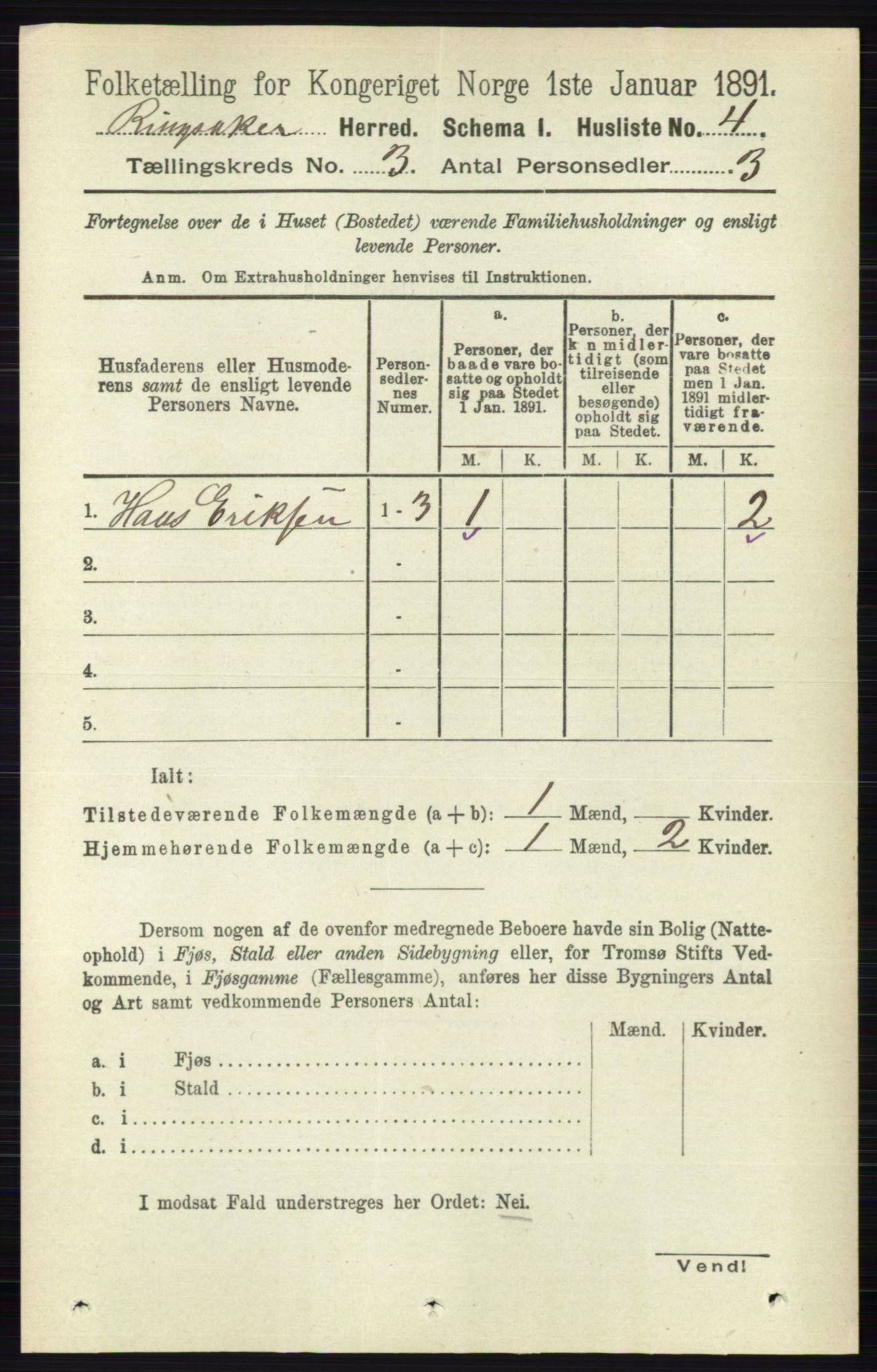 RA, 1891 census for 0412 Ringsaker, 1891, p. 1165