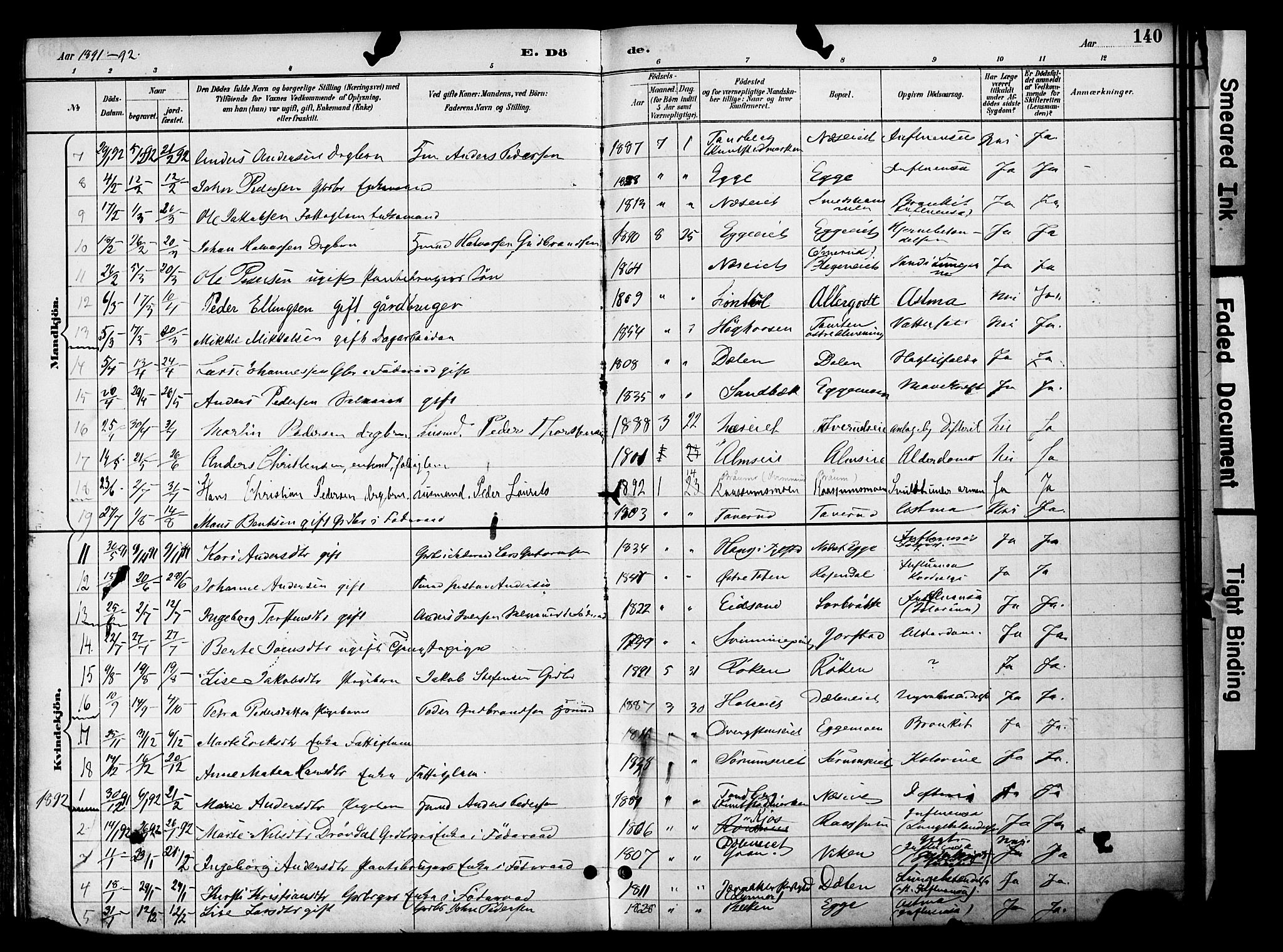 Gran prestekontor, SAH/PREST-112/H/Ha/Haa/L0020: Parish register (official) no. 20, 1889-1899, p. 140