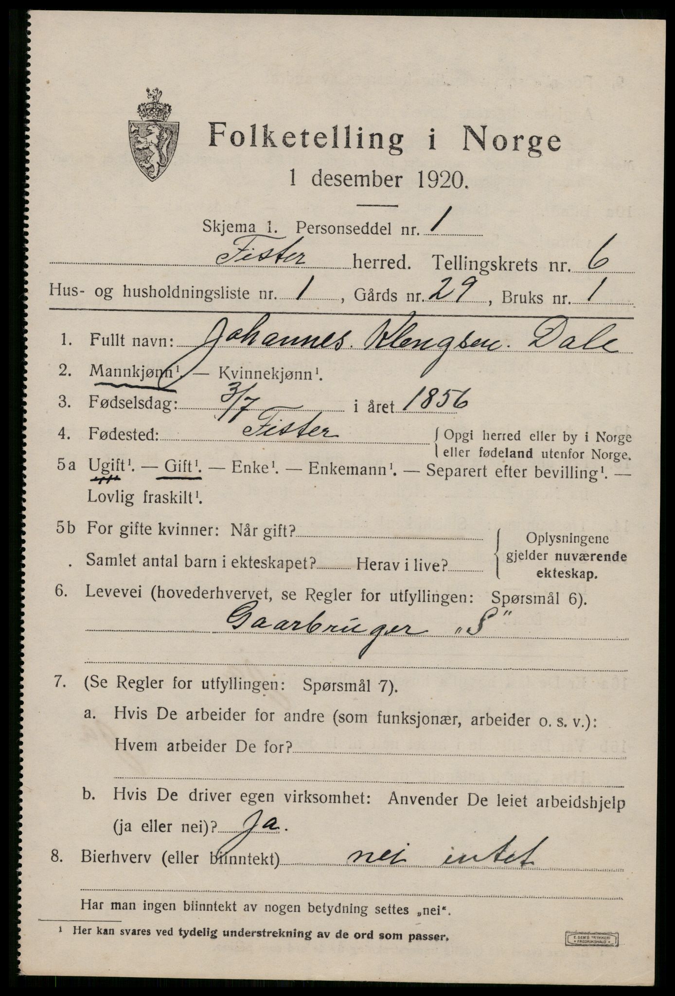 SAST, 1920 census for Fister, 1920, p. 1767