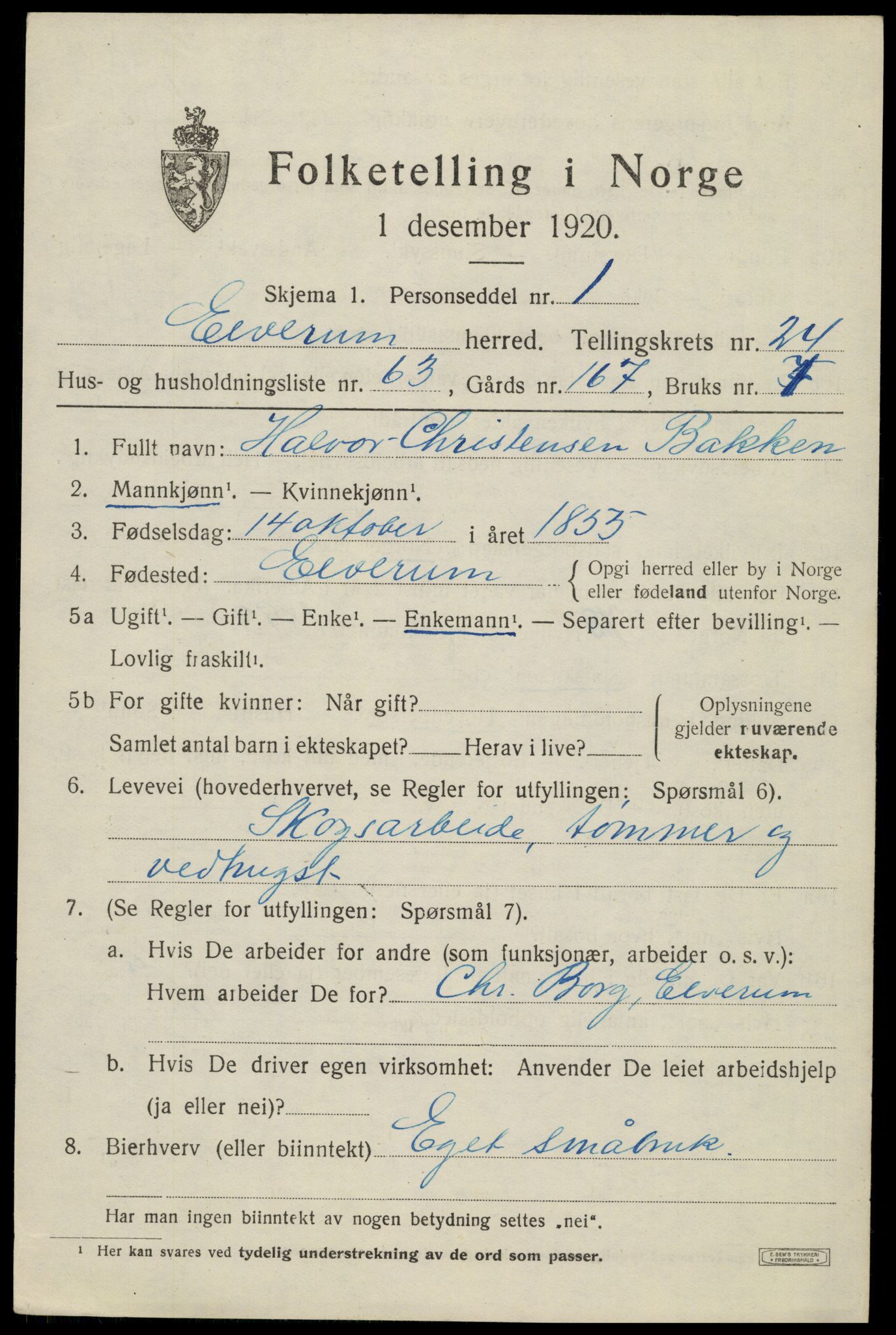 SAH, 1920 census for Elverum, 1920, p. 26224