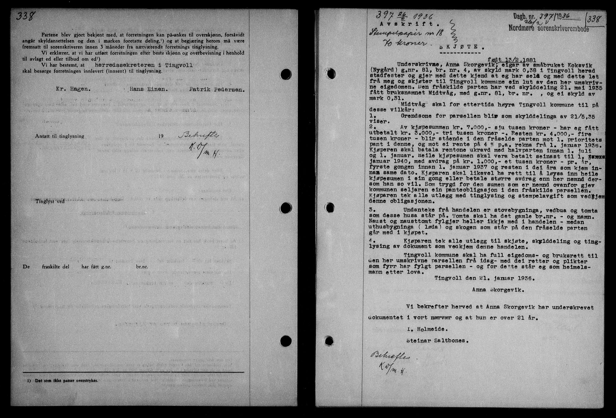 Nordmøre sorenskriveri, AV/SAT-A-4132/1/2/2Ca/L0087: Mortgage book no. 77, 1935-1936, Deed date: 26.02.1936