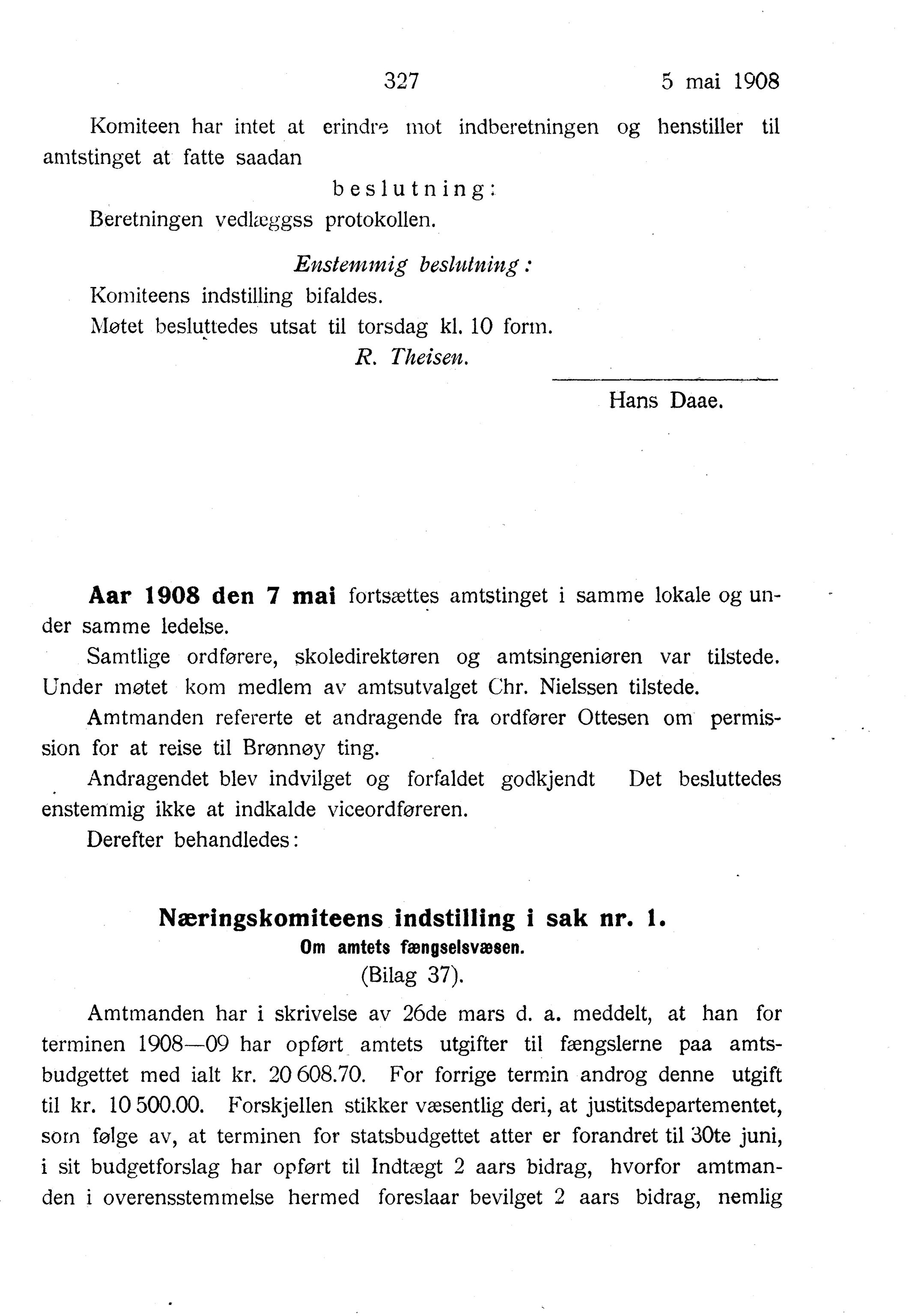 Nordland Fylkeskommune. Fylkestinget, AIN/NFK-17/176/A/Ac/L0031: Fylkestingsforhandlinger 1908, 1908, p. 327