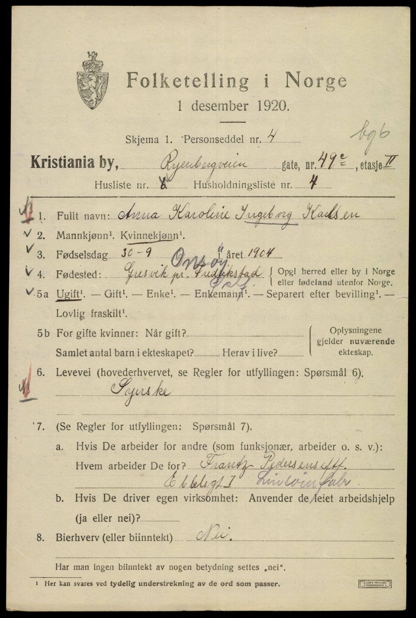 SAO, 1920 census for Kristiania, 1920, p. 476203