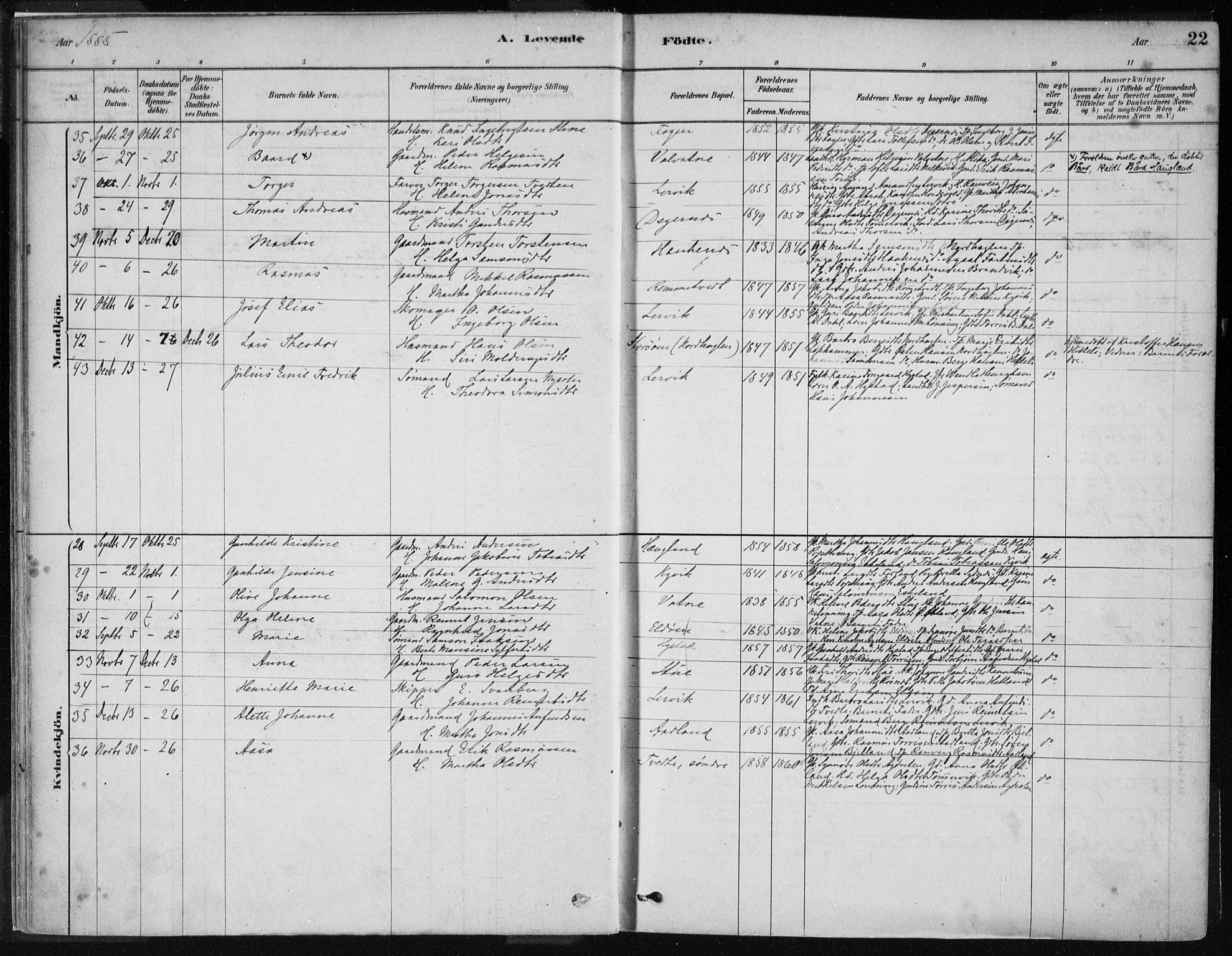 Stord sokneprestembete, AV/SAB-A-78201/H/Haa: Parish register (official) no. B 2, 1878-1913, p. 22