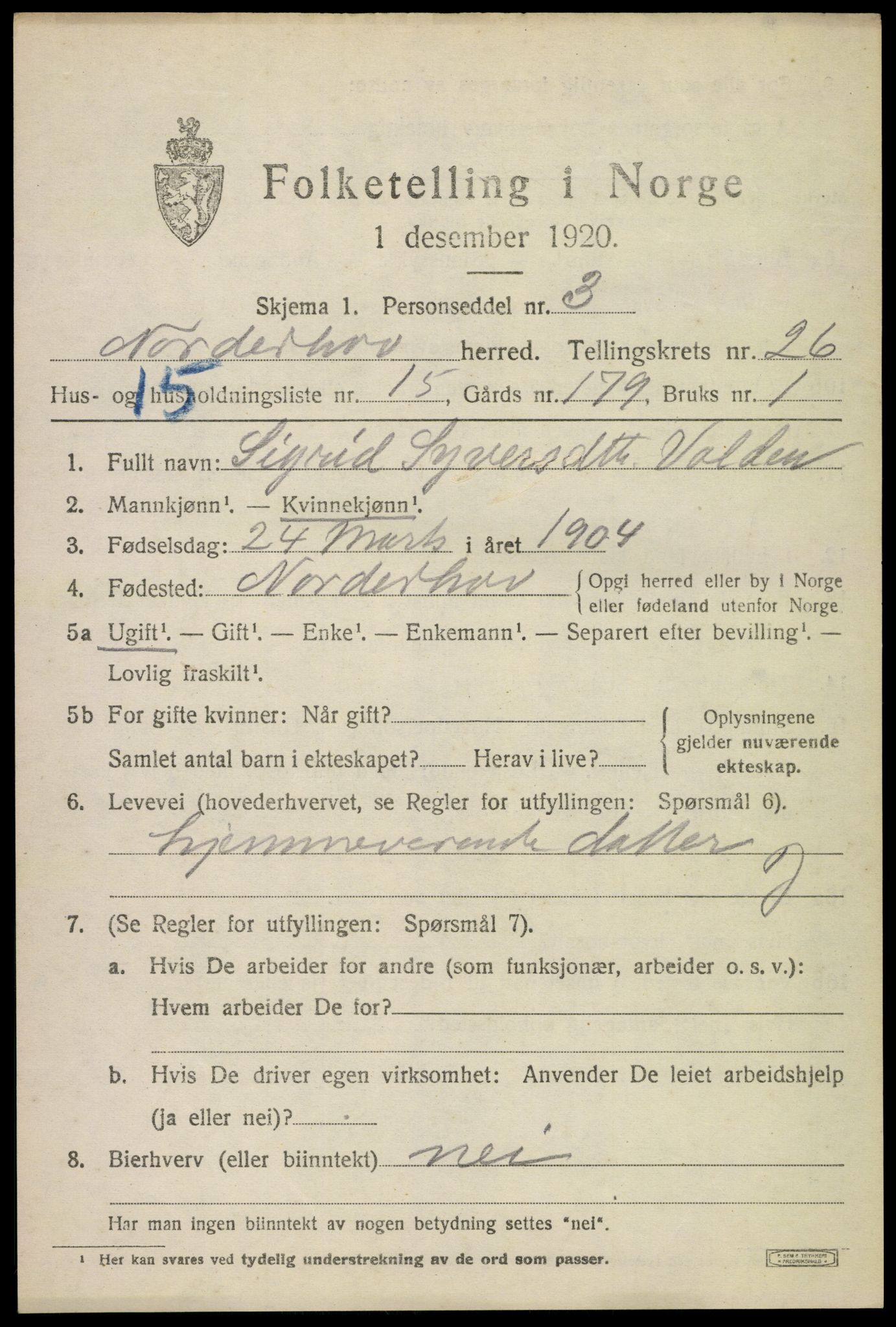 SAKO, 1920 census for Norderhov, 1920, p. 24273