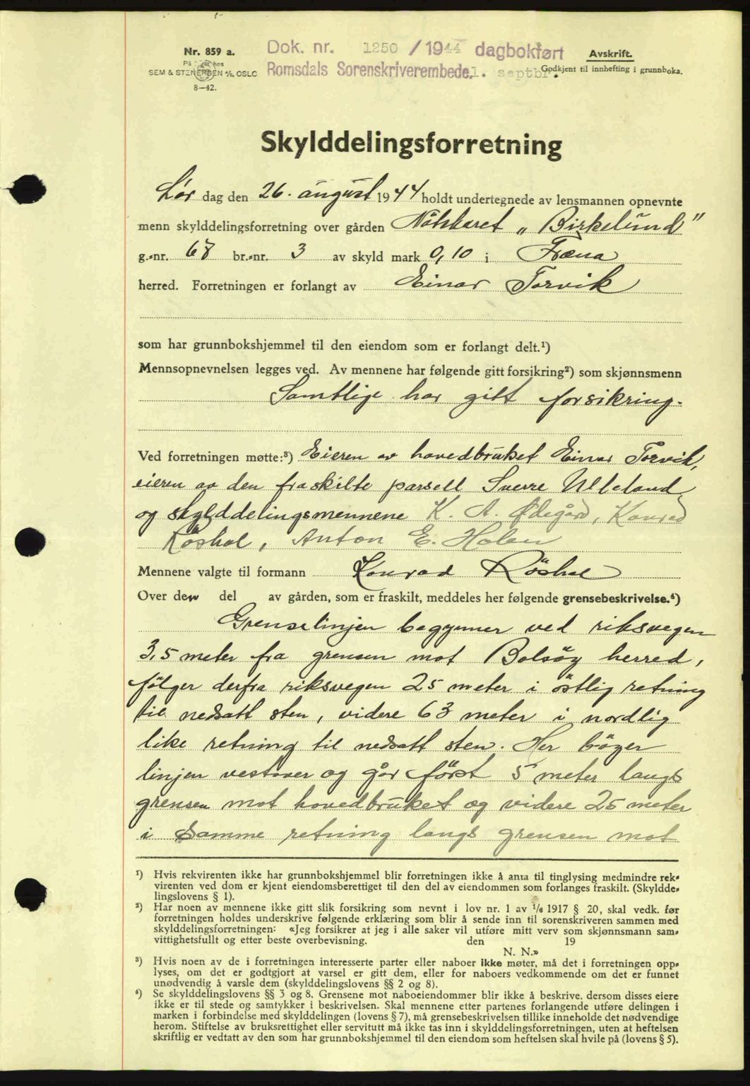 Romsdal sorenskriveri, SAT/A-4149/1/2/2C: Mortgage book no. A16, 1944-1944, Diary no: : 1250/1944