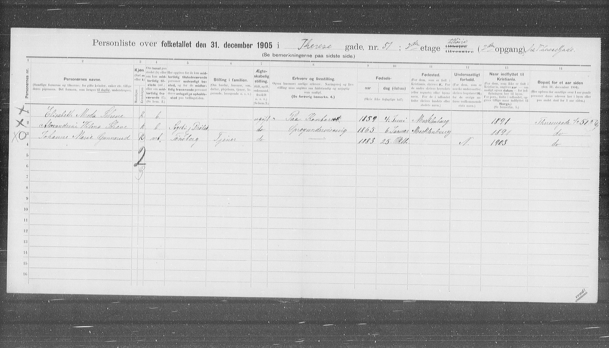 OBA, Municipal Census 1905 for Kristiania, 1905, p. 57000
