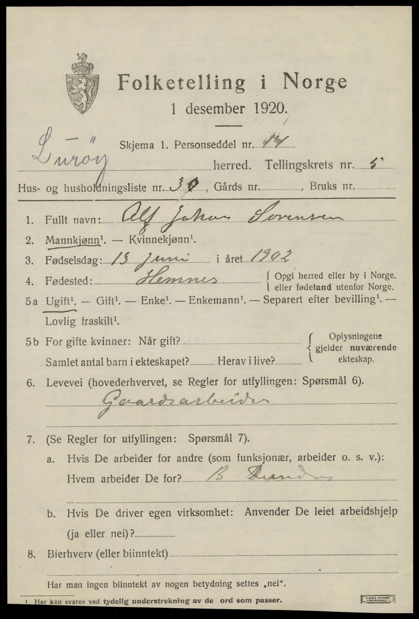 SAT, 1920 census for Lurøy, 1920, p. 2943