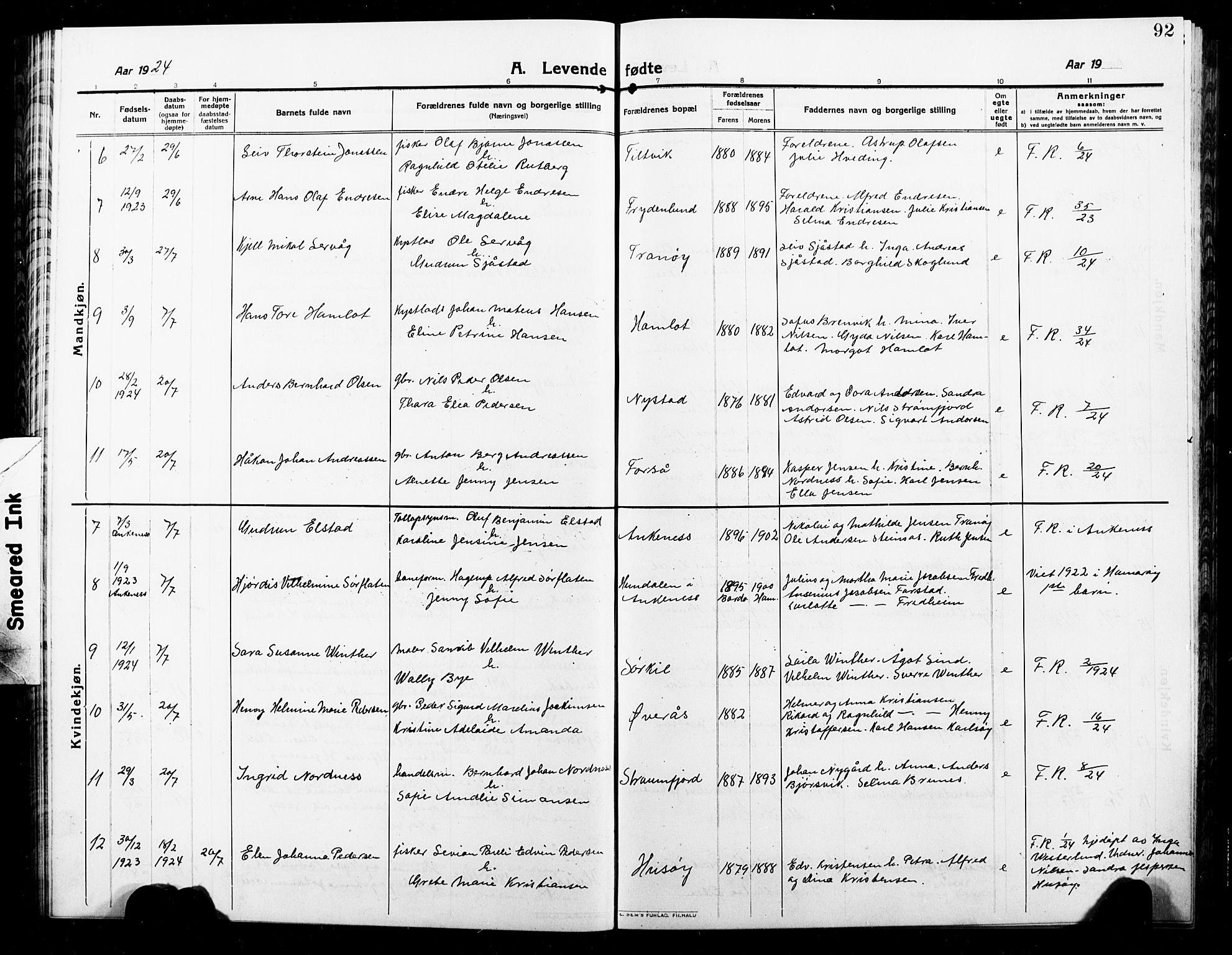 Ministerialprotokoller, klokkerbøker og fødselsregistre - Nordland, SAT/A-1459/859/L0861: Parish register (copy) no. 859C07, 1910-1925, p. 92
